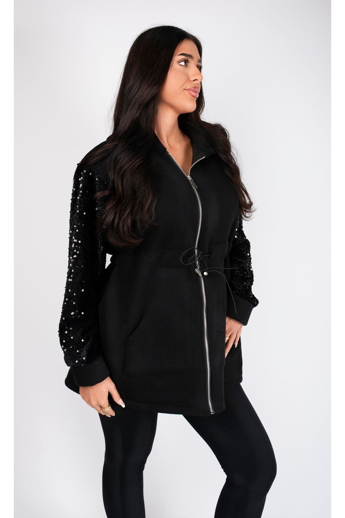 Evalora Zip Up Hoodie With Sequin Sleeve Detail - Black
