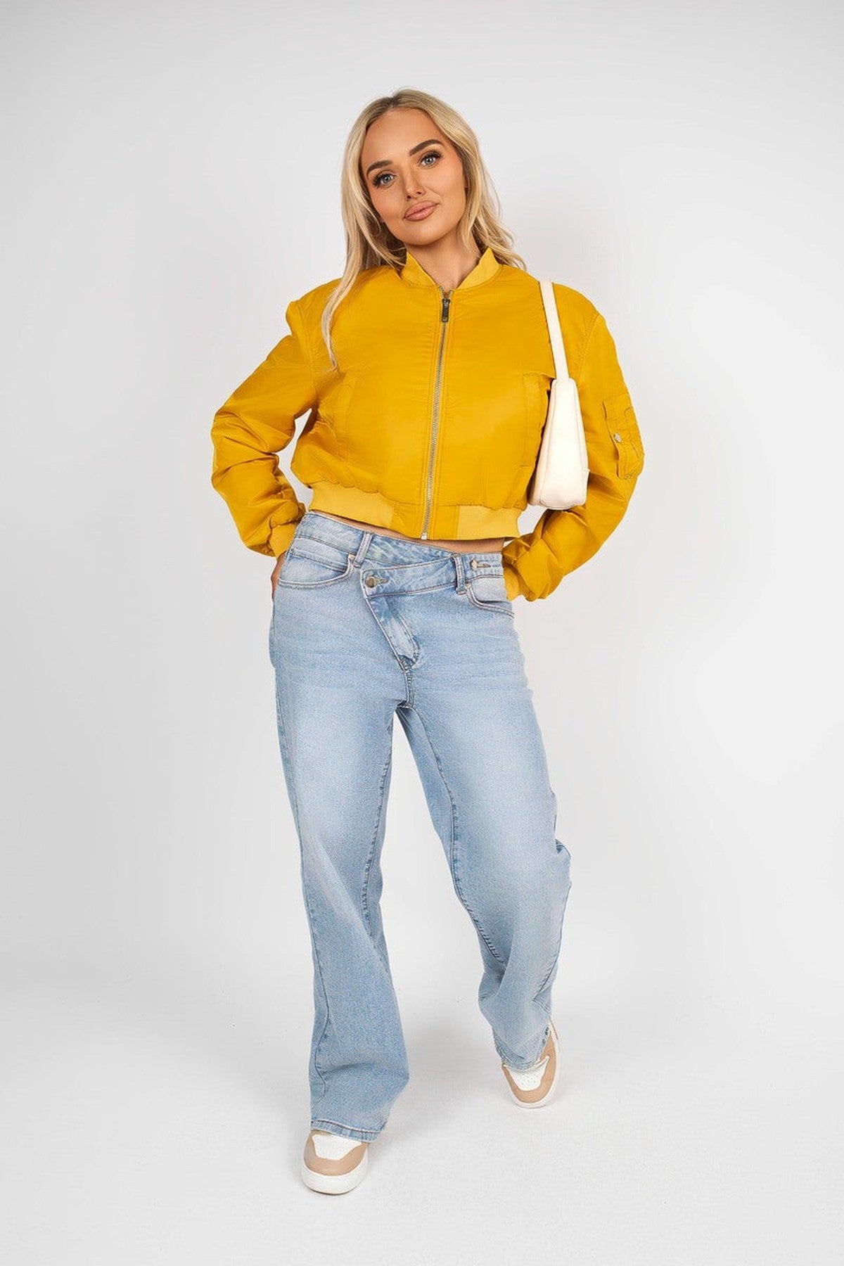 Melina Cropped Long Sleeve Zip Up Puffer Jacket - Mustard