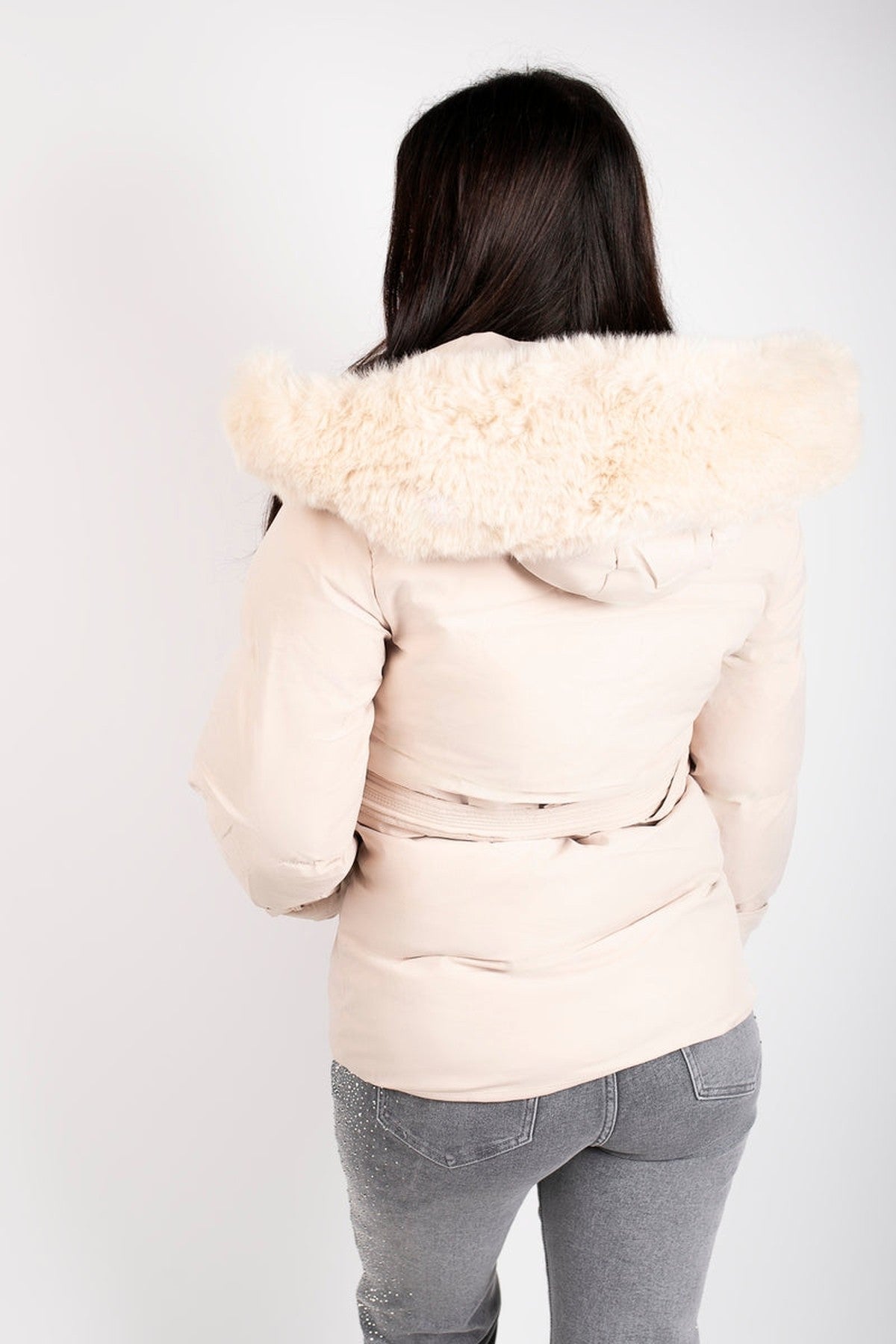 Serelina Belted Puffer Jacket With Faux Fur Hood - Beige