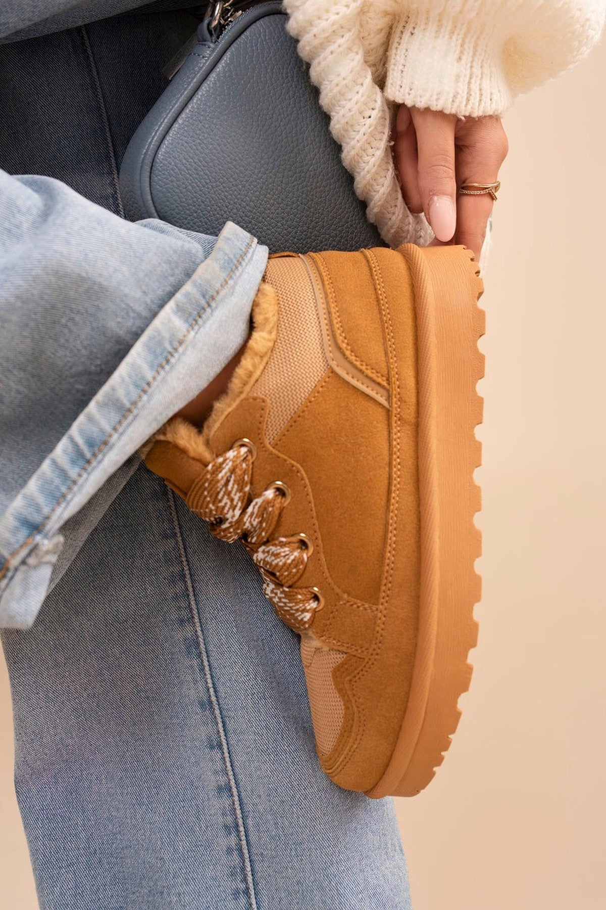 Leiza Chunky Lace Up Faux Fur Trainers - Camel