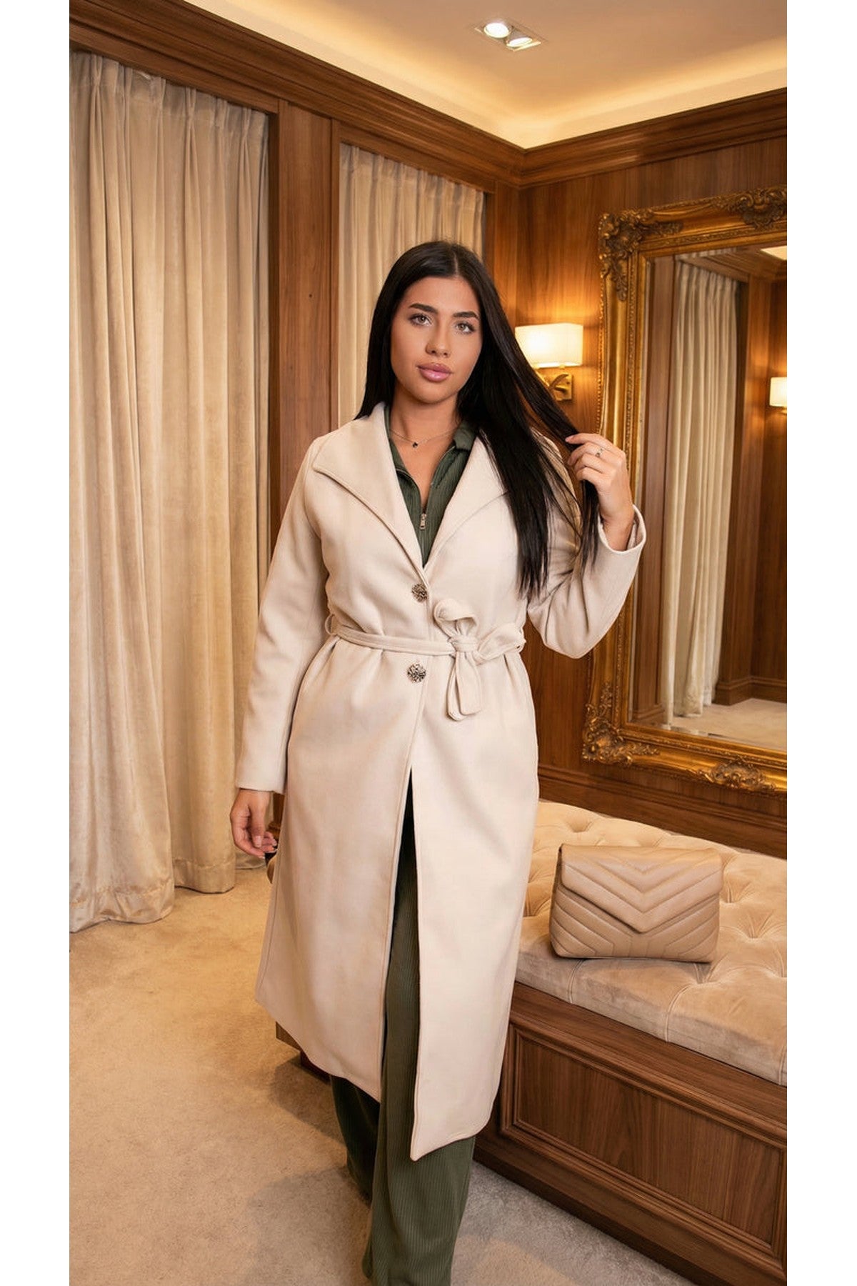 Marelle Belted Longline Coat With Button Detail - Beige