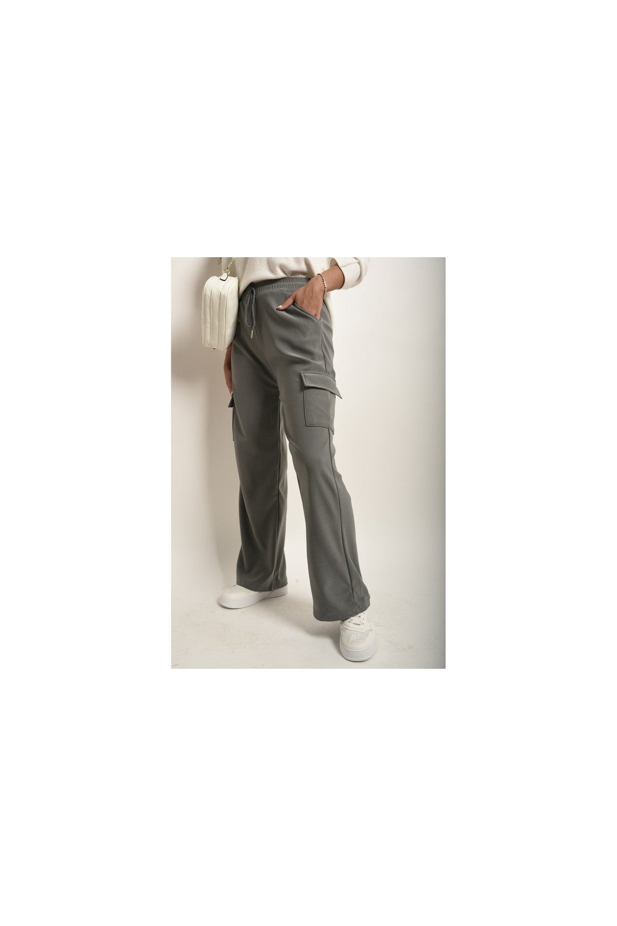 Faye Wide Leg Drawstring Waist Flap Pocket Trouser - Grey