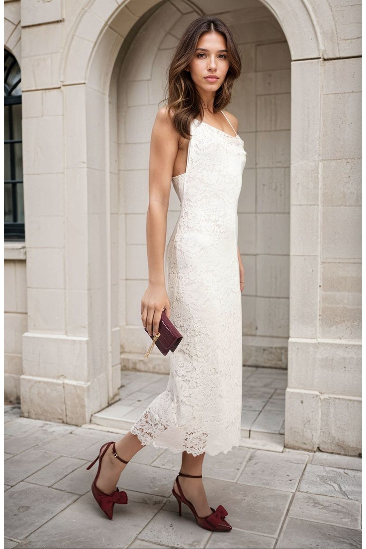 Viviana Strappy Floral Lace Midi Dress - White