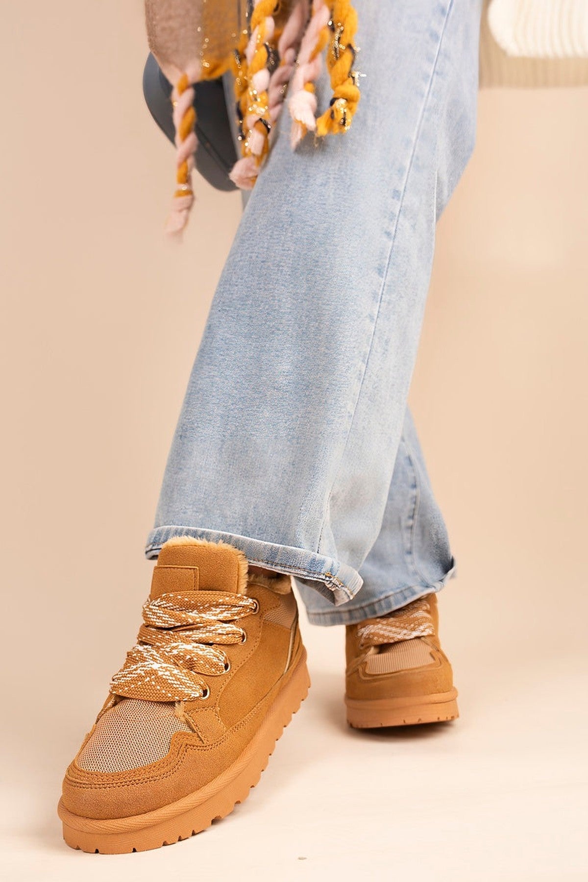 Leiza Chunky Lace Up Faux Fur Trainers - Camel