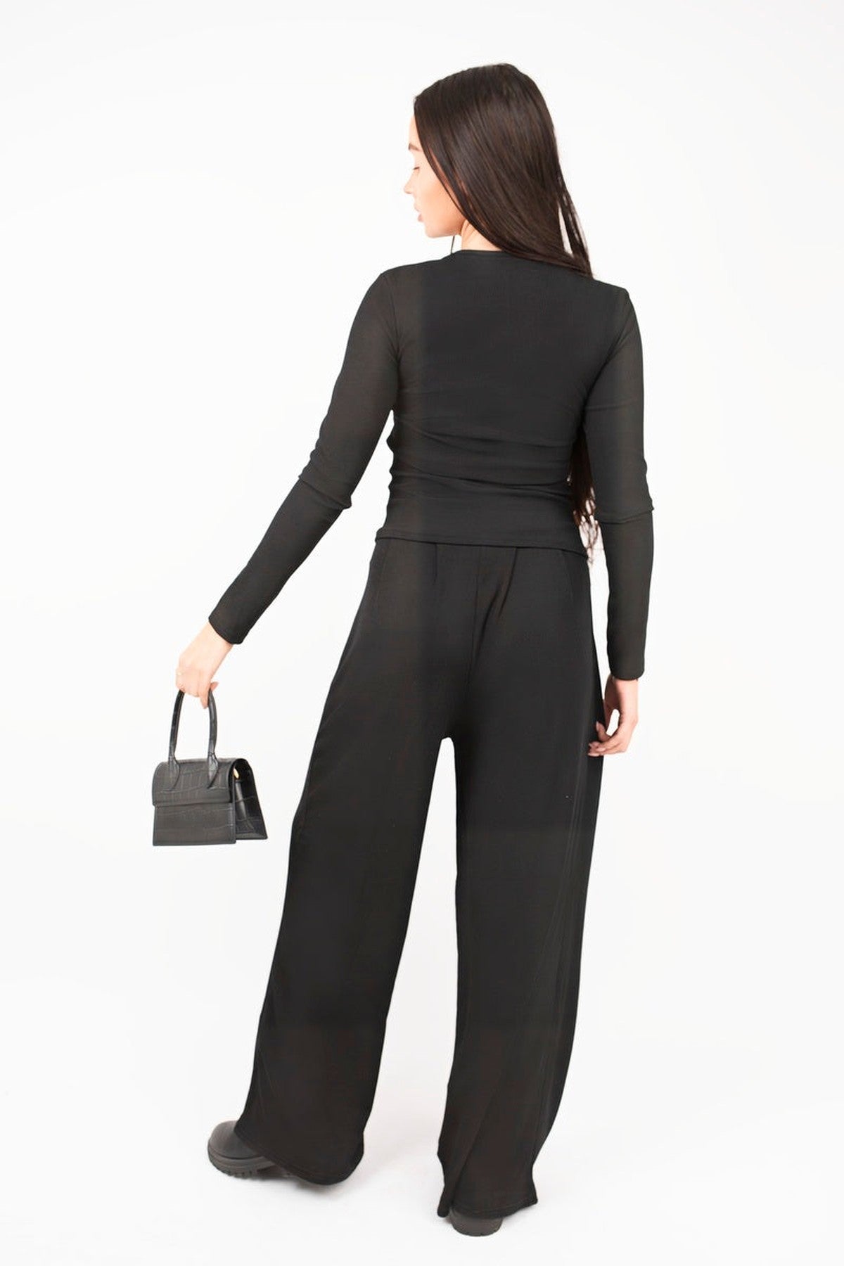 Enaya V Neck Long Sleeve Ribbed Top & Wide Leg Trousers Co-ord Set - Black