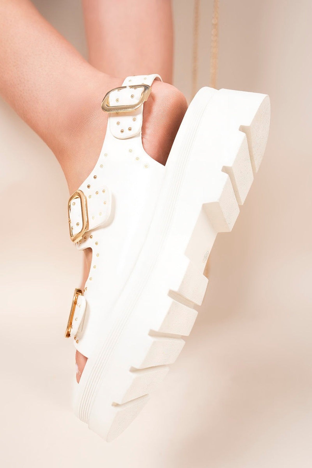Zora Chunky Double Buckle Studded Platform Sandals - White