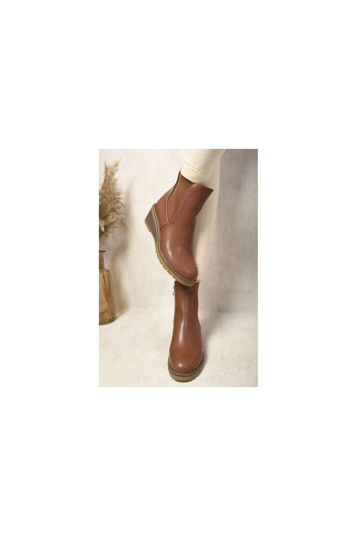 Cecilia Low Wedge Ankle Boots - Camel