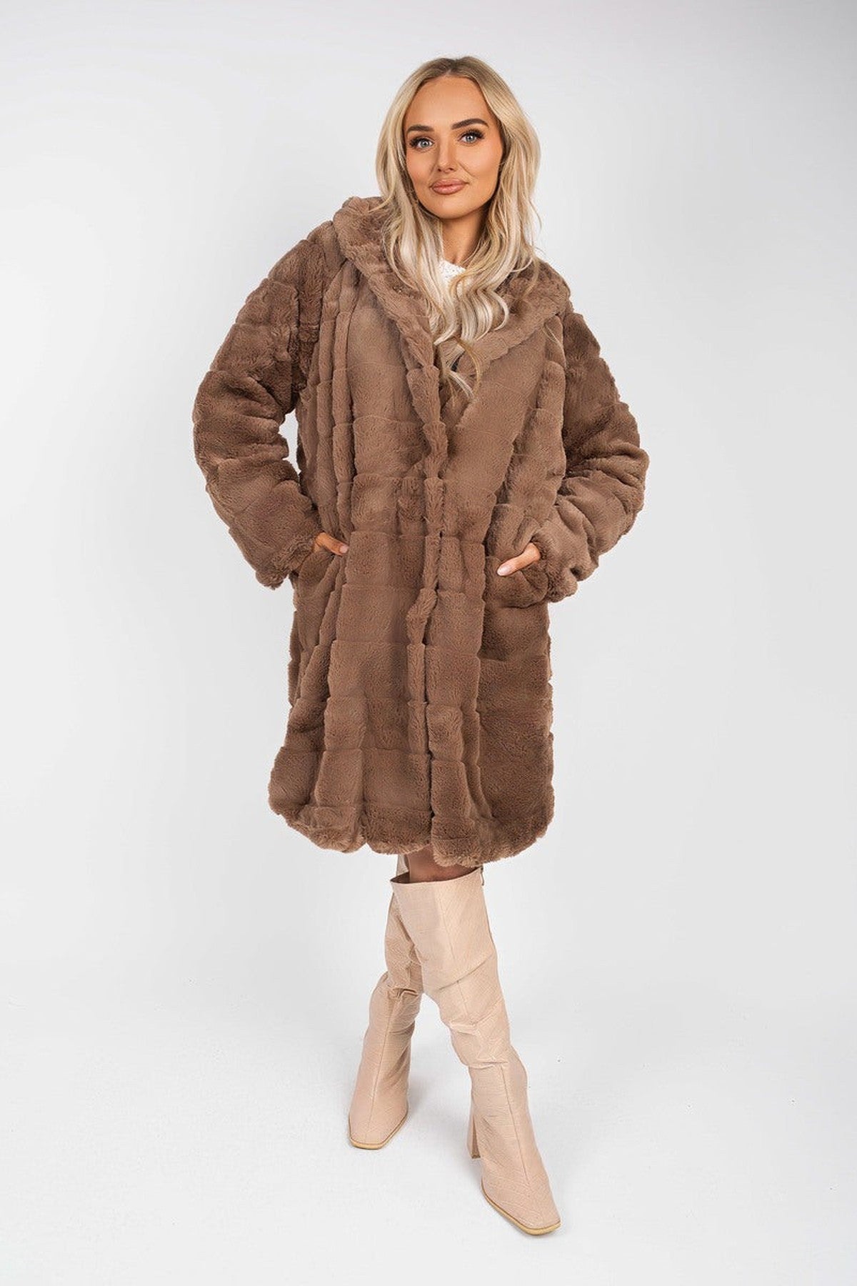 Milara Longline Faux Fur Hooded Coat - Brown
