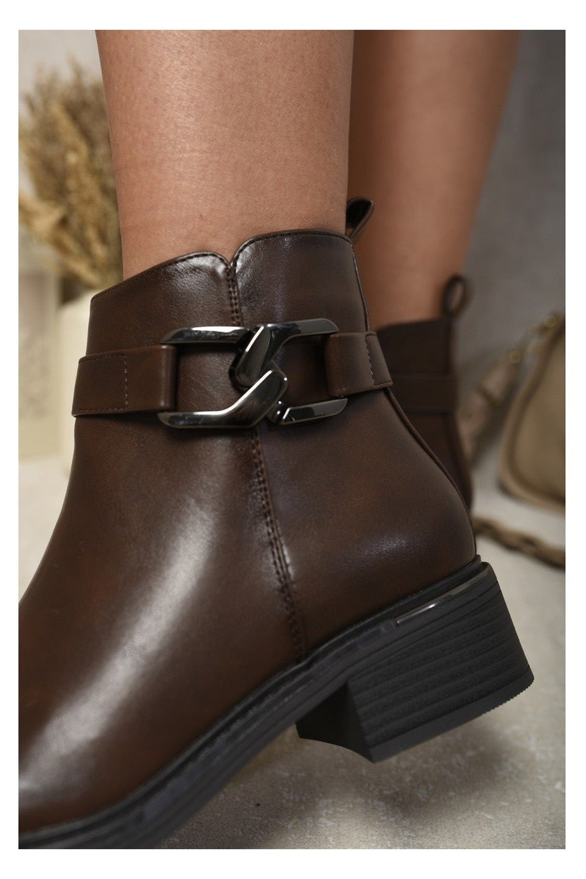 Valeria Buckle Side Zipper Closure Ankle Boots - Brown