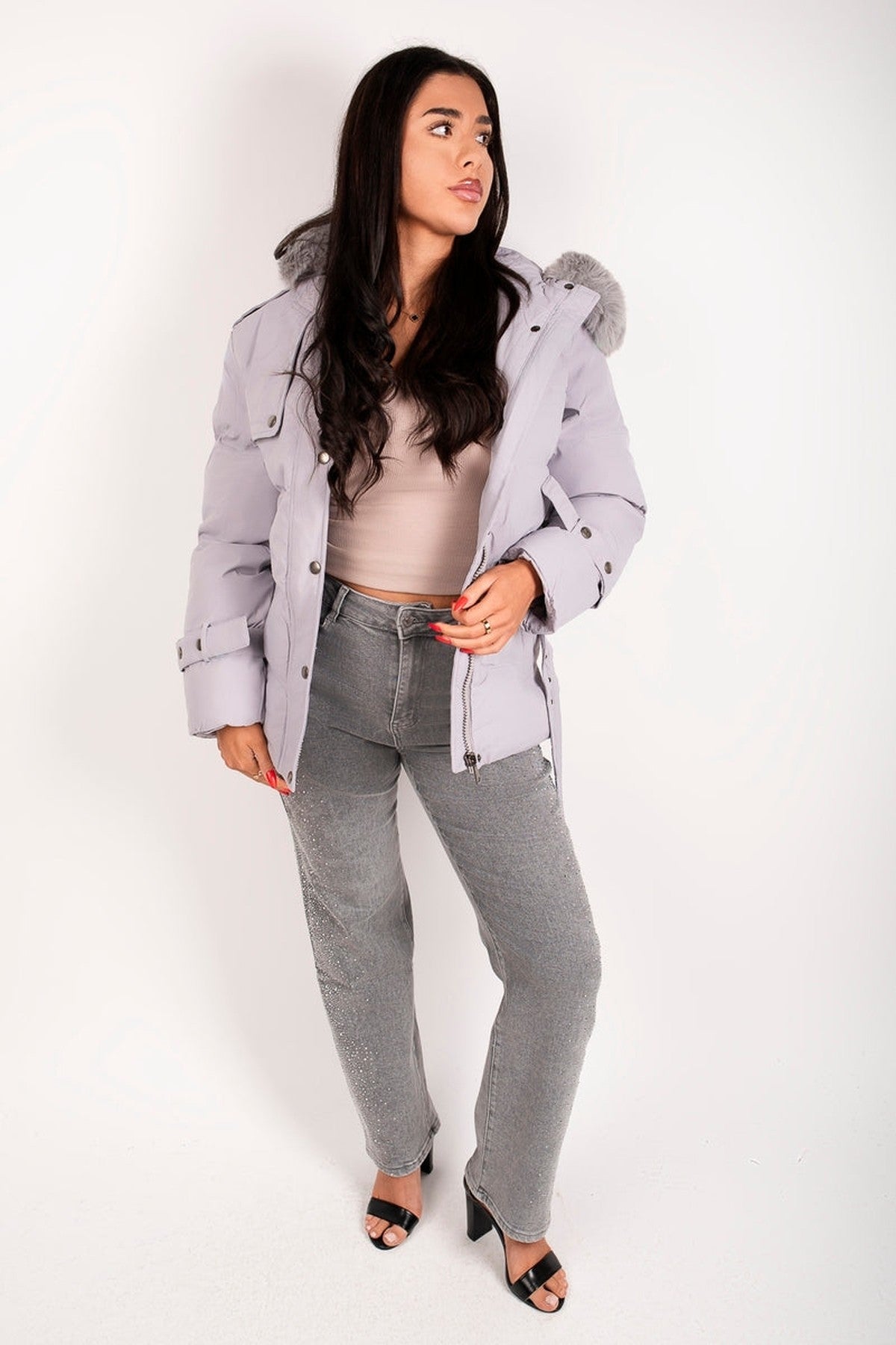 Serelina Belted Puffer Jacket With Faux Fur Hood - Grey