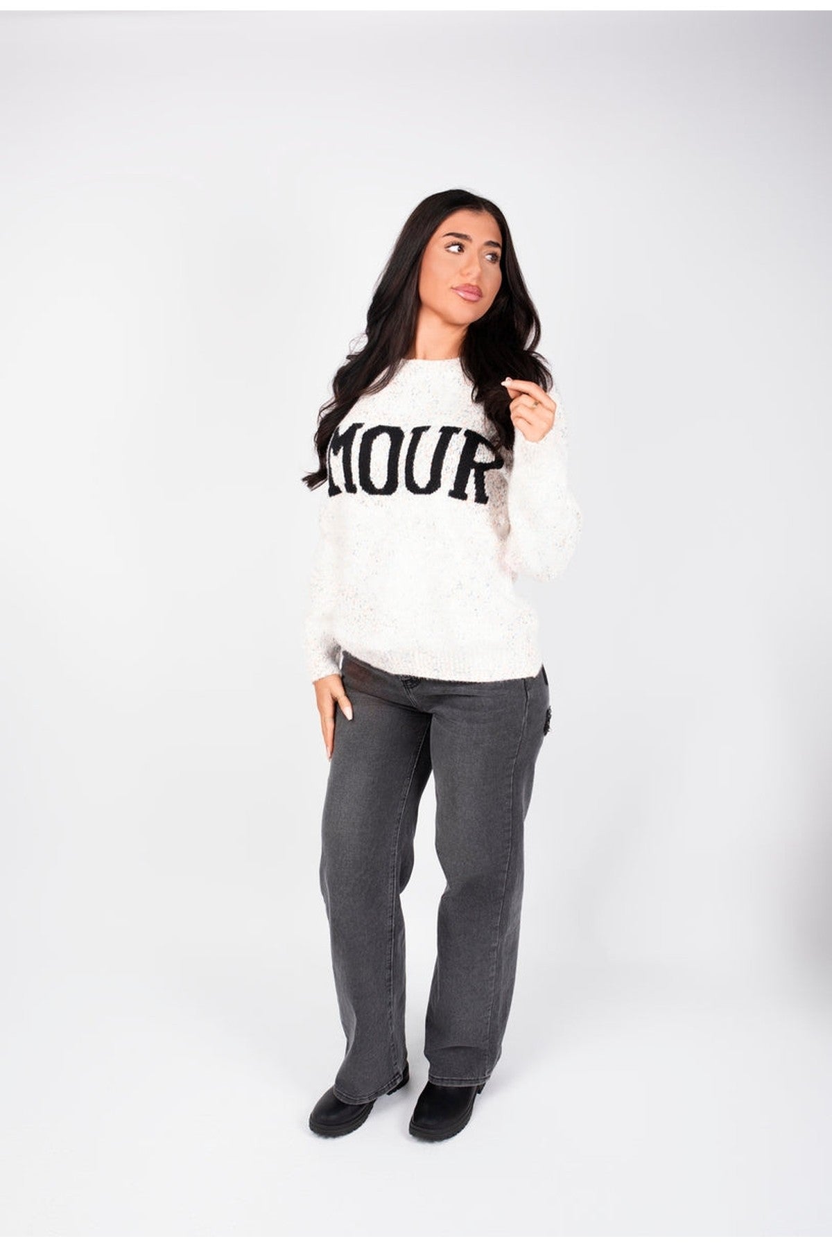 Zenya Fluffy Knit Oversized Jumper With Amour Slogan Detail - Light Grey