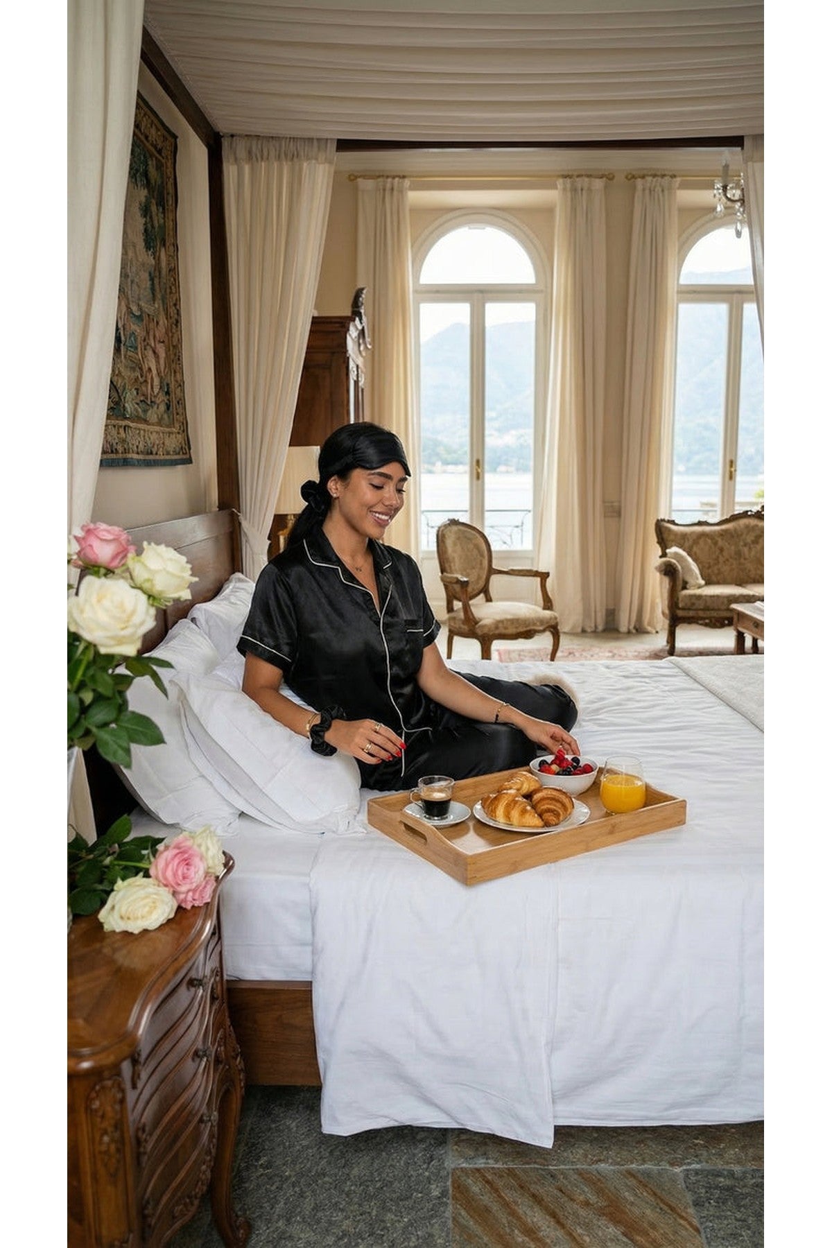 Saryna Satin Button Up Pyjama Set With Matching Eye Mask & Scrunchie - Black