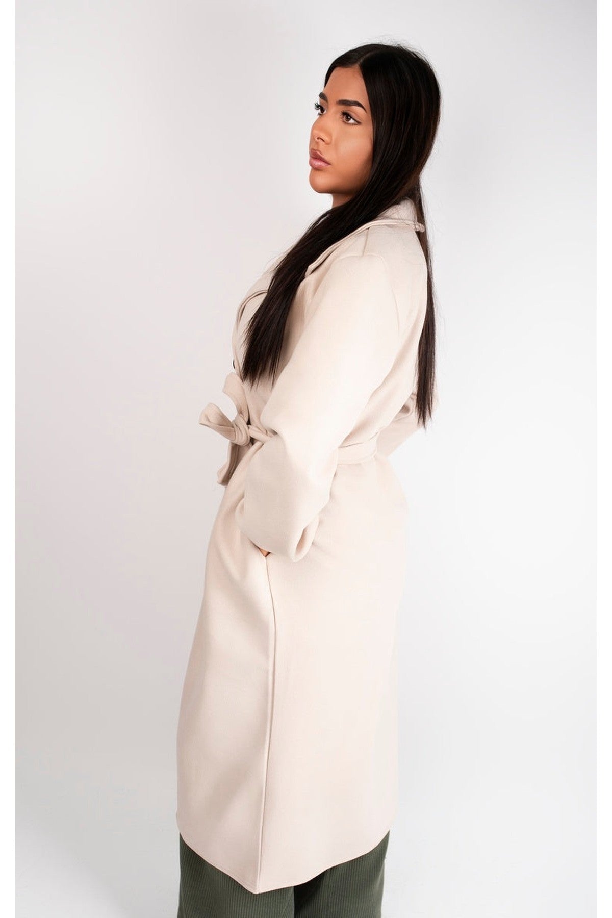 Marelle Belted Longline Coat With Button Detail - Beige
