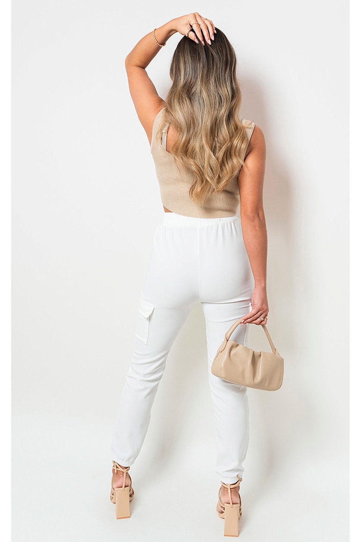 Francesca Pocket Side Drawstring Waist Cargo Trouser - WHITE