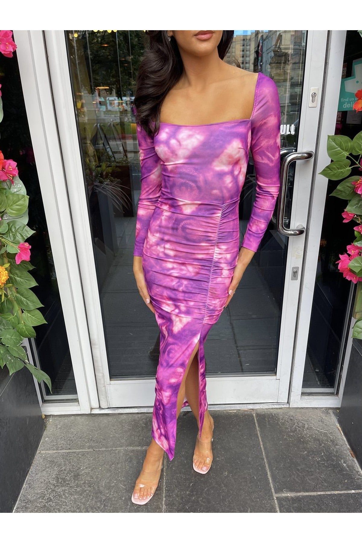 Priscilla Printed Long Sleeve Cross-tied Back Midi Dress - Purple