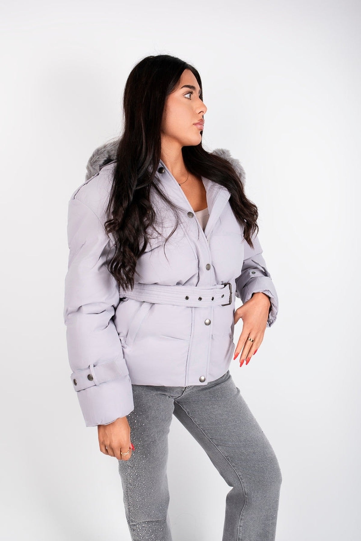 Serelina Belted Puffer Jacket With Faux Fur Hood - Grey