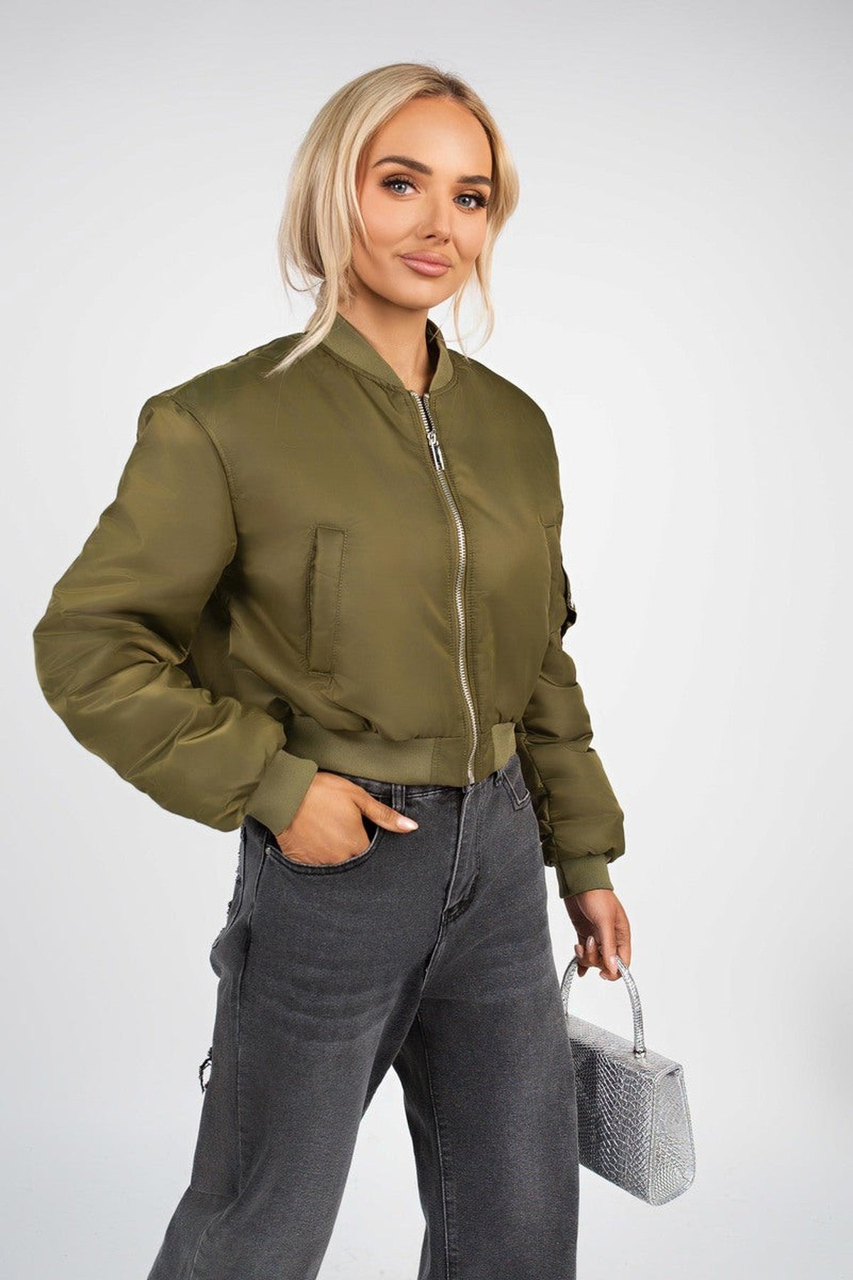 Melina Cropped Long Sleeve Zip Up Puffer Jacket - Khaki