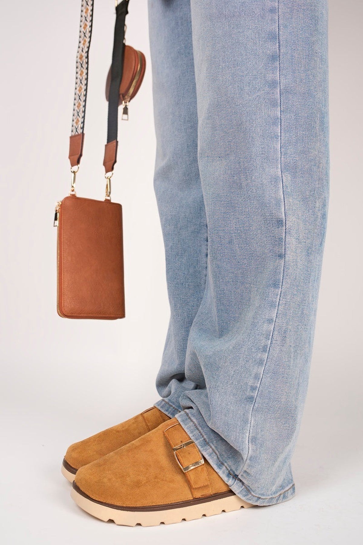 Serelina Chunky Sole Flat Slip-on Buckle Sliders - Camel