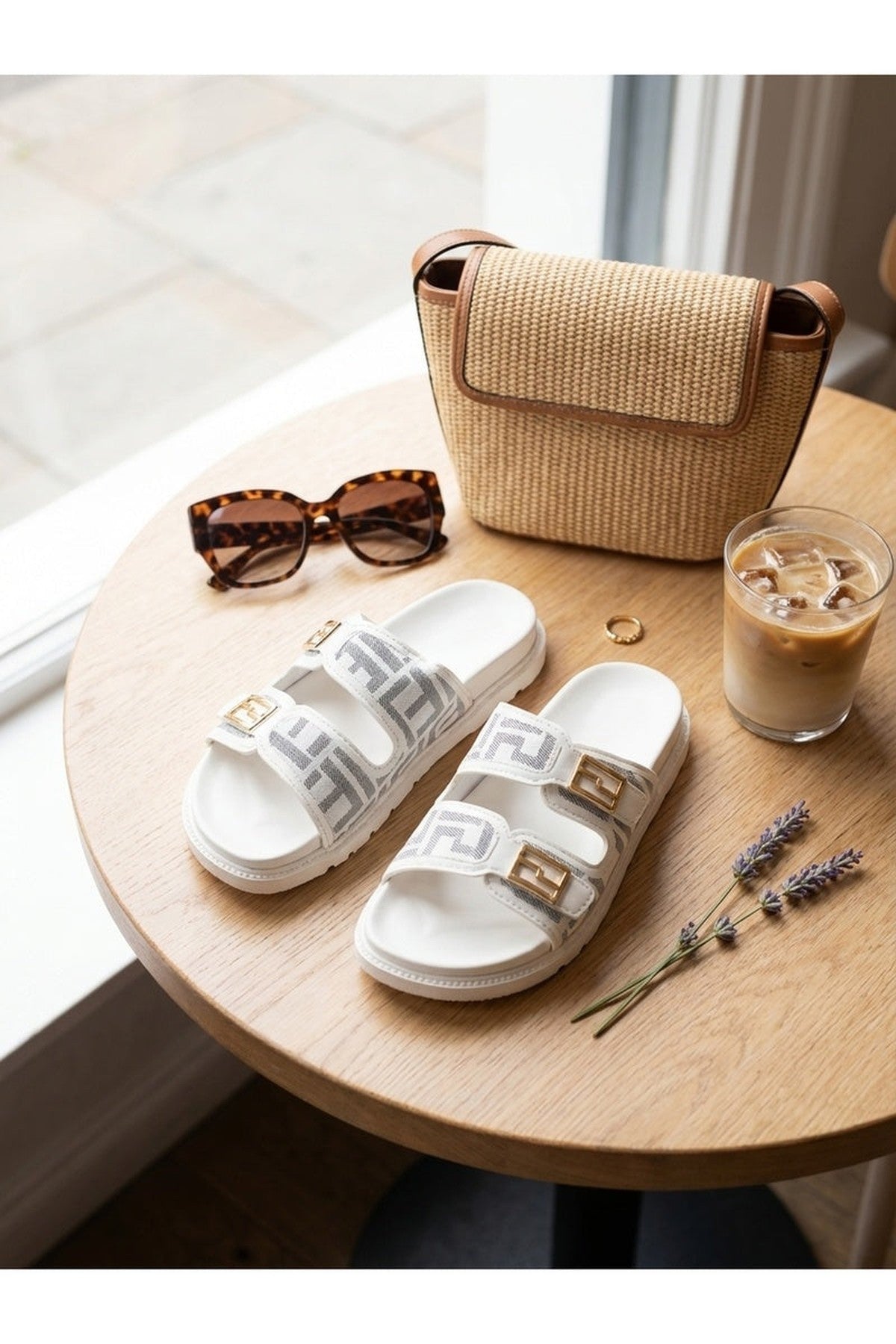 Willow Patterned Buckle Sandals - White