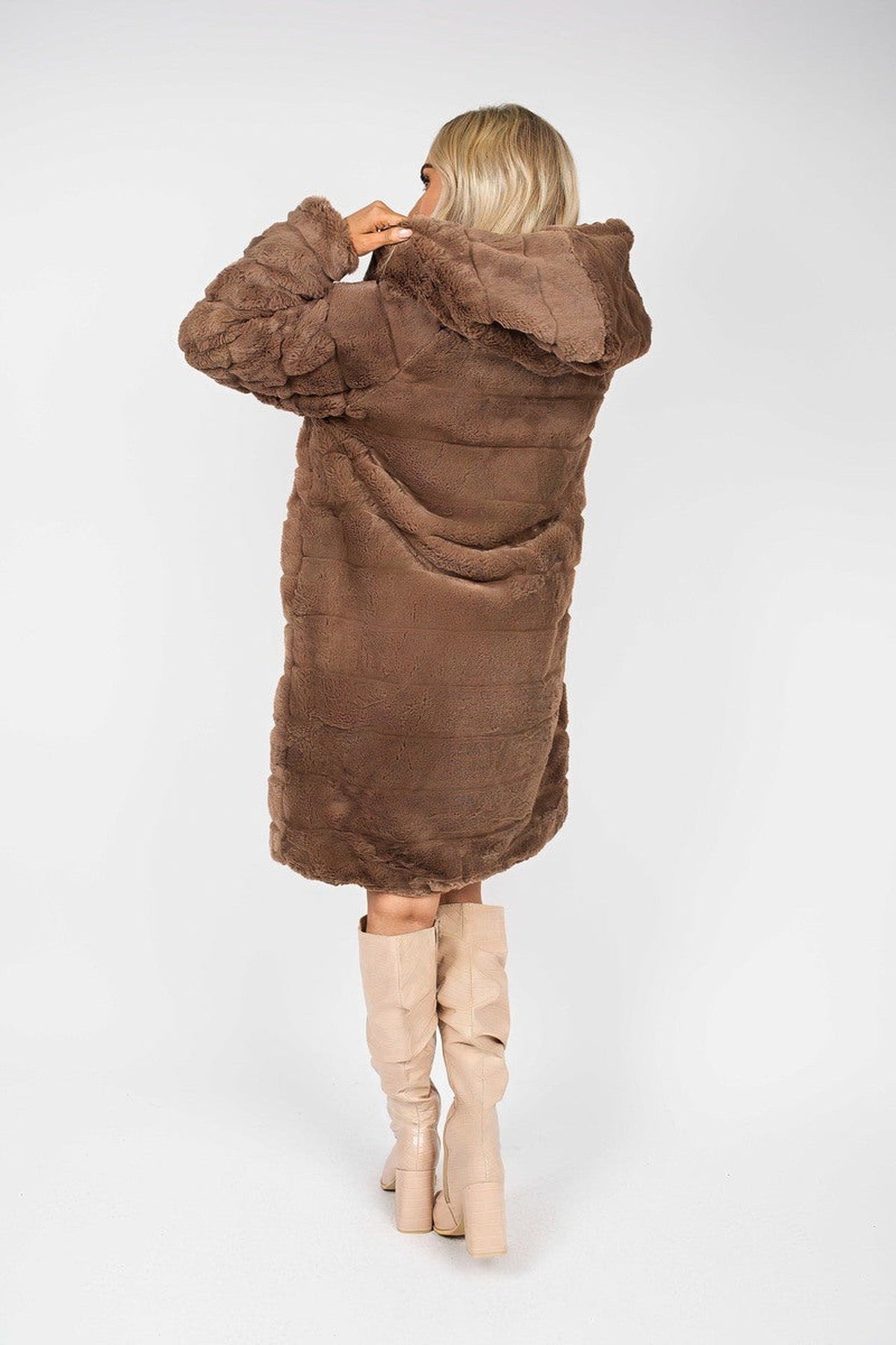Milara Longline Faux Fur Hooded Coat - Brown