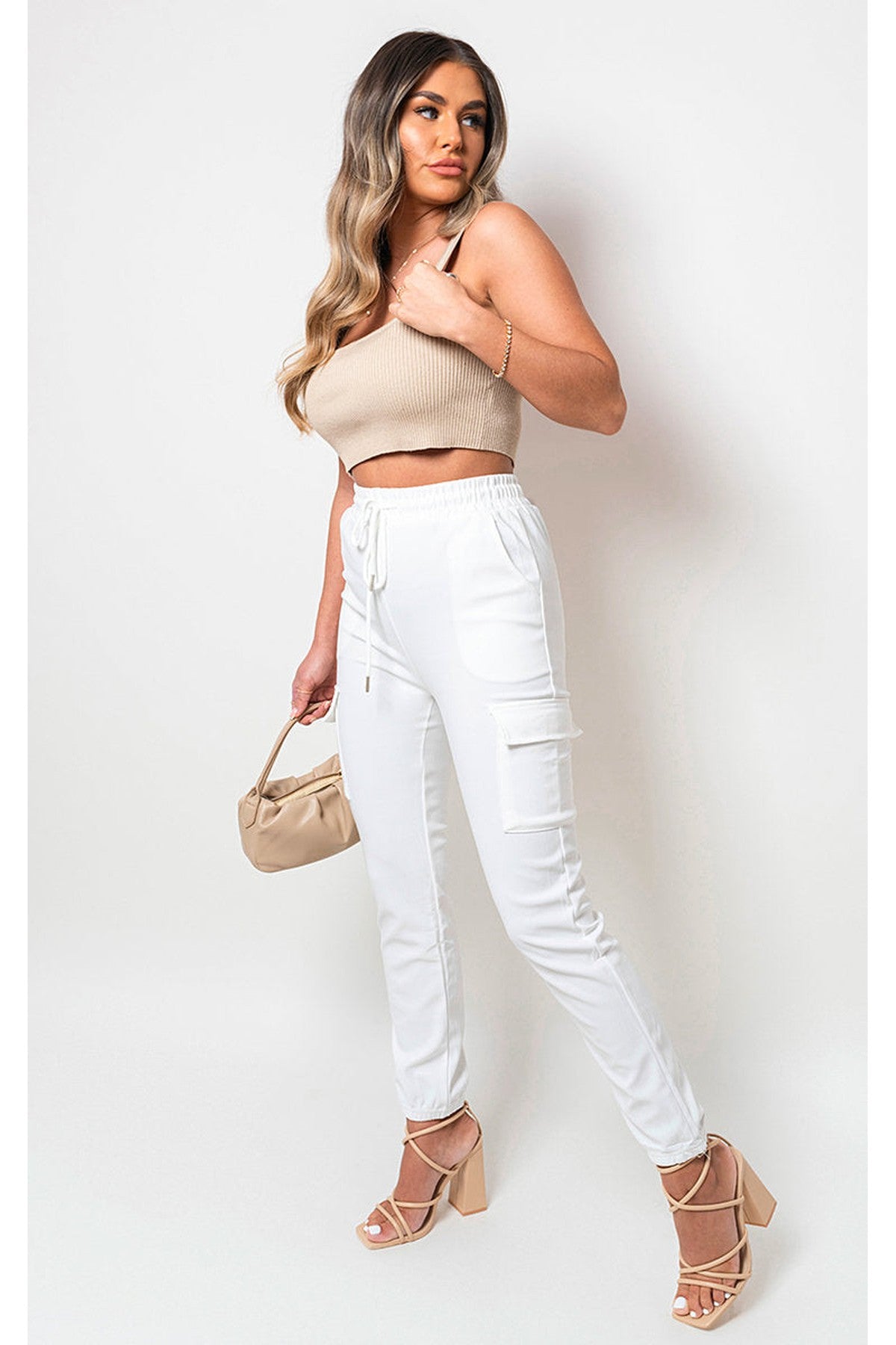 Francesca Pocket Side Drawstring Waist Cargo Trouser - WHITE
