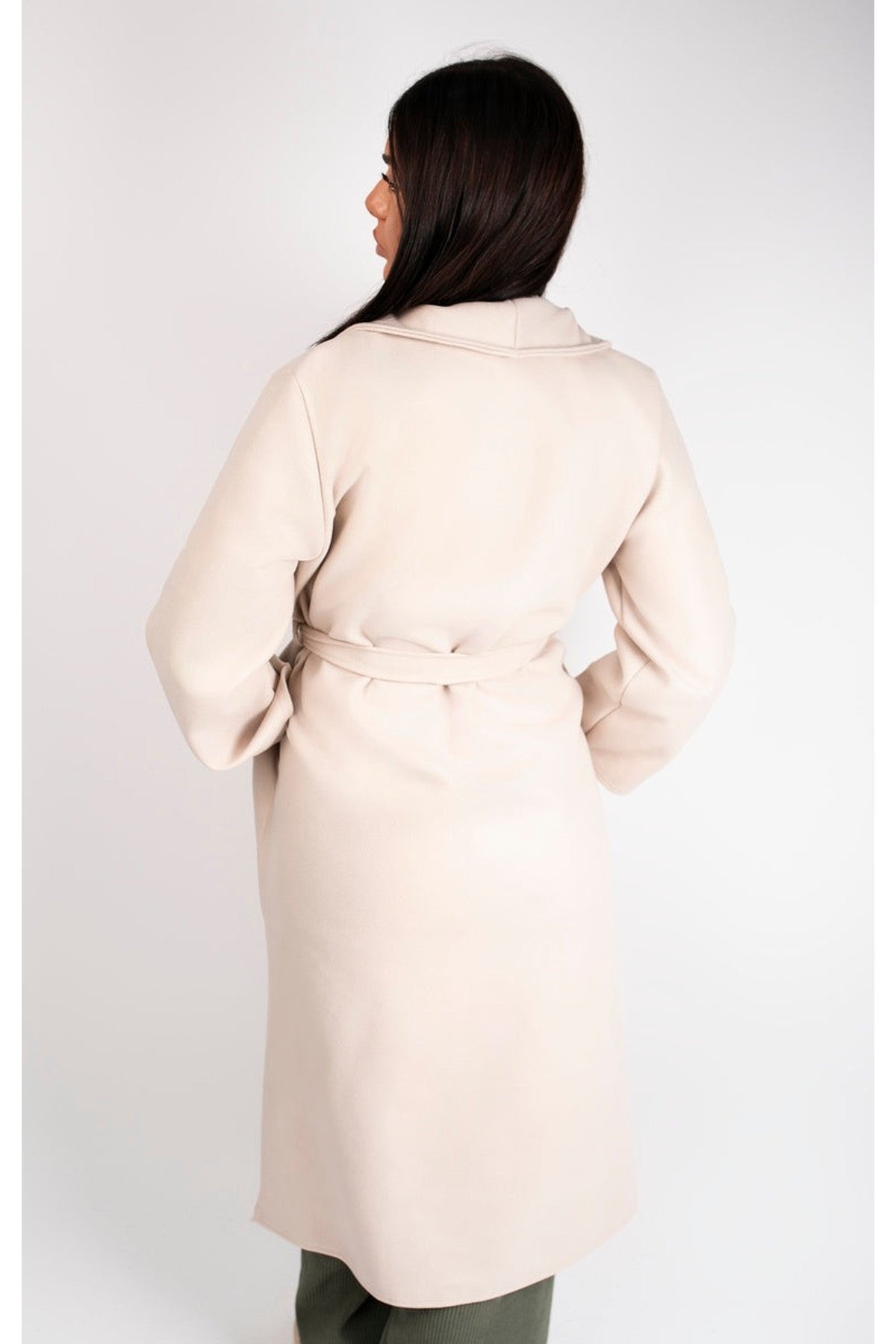 Marelle Belted Longline Coat With Button Detail - Beige