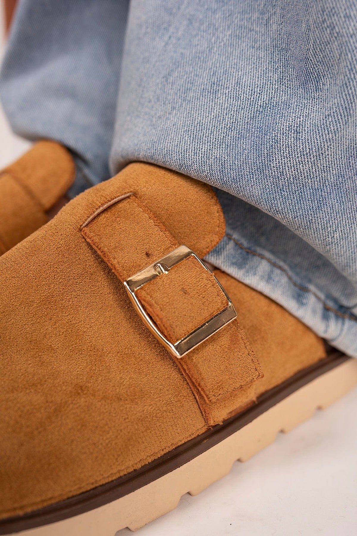 Serelina Chunky Sole Flat Slip-on Buckle Sliders - Camel