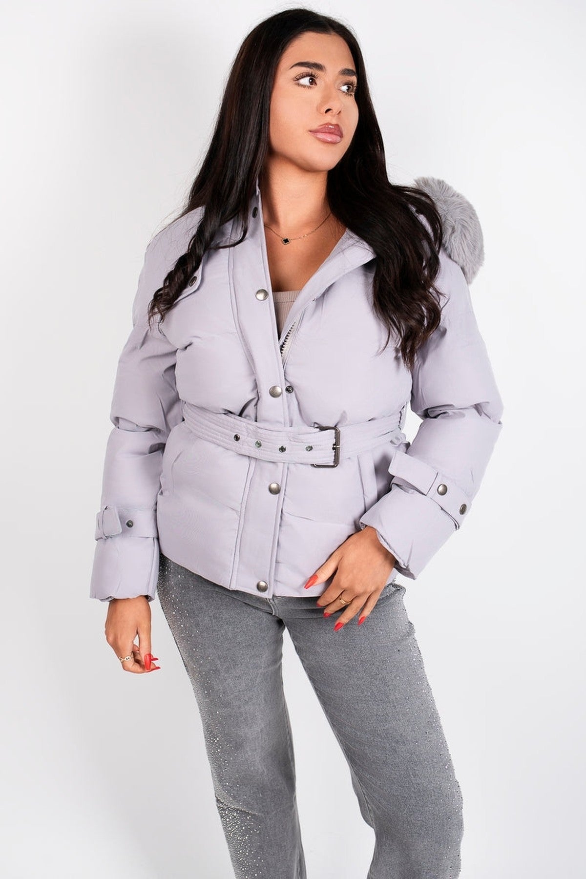 Serelina Belted Puffer Jacket With Faux Fur Hood - Grey