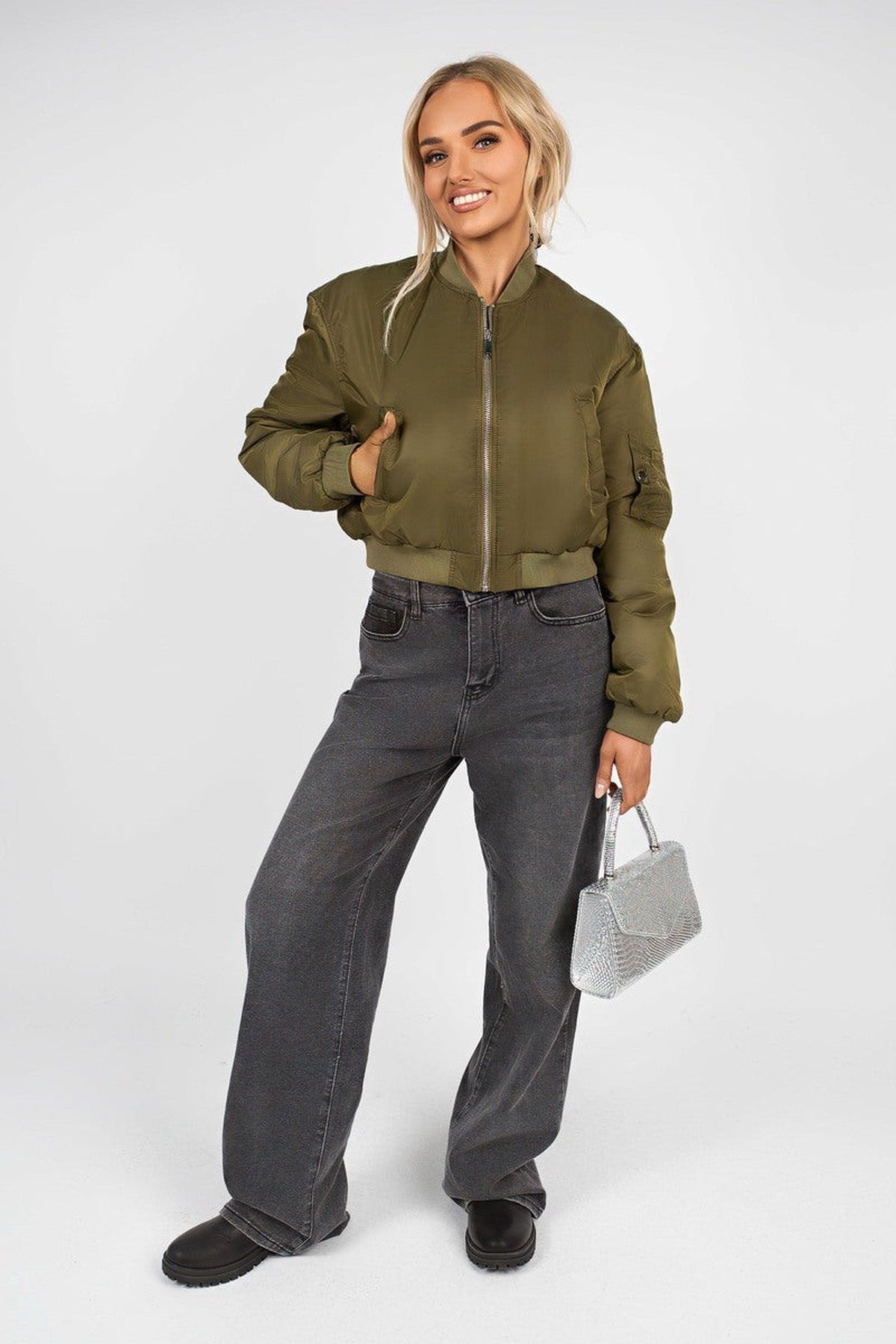 Melina Cropped Long Sleeve Zip Up Puffer Jacket - Khaki