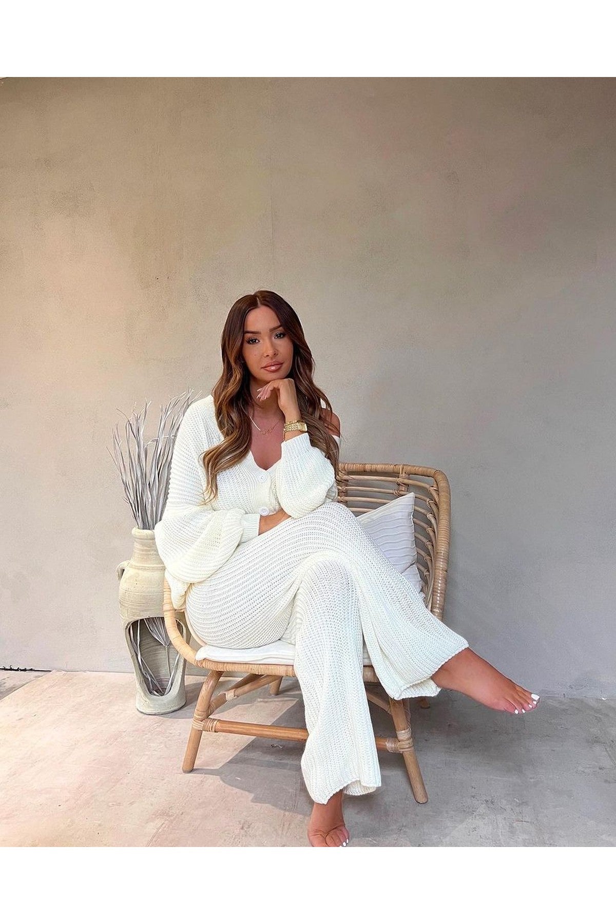 Emma Chunky Knitted Button Up Cardigan Wide Leg Trousers Co-ord Set - Cream