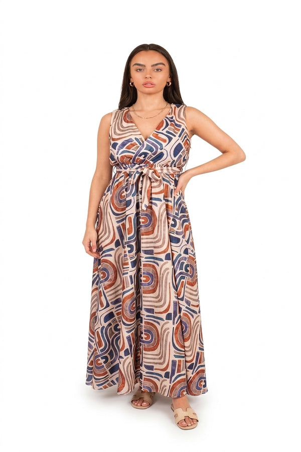 Nalani V Neck Sleeveless Maxi Dress With Tie Waist - Beige_wb