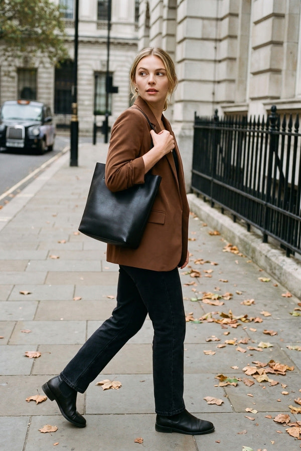 Valerie Ruched Sleeve Open Front Blazer Jacket With Front Pockets - Brown