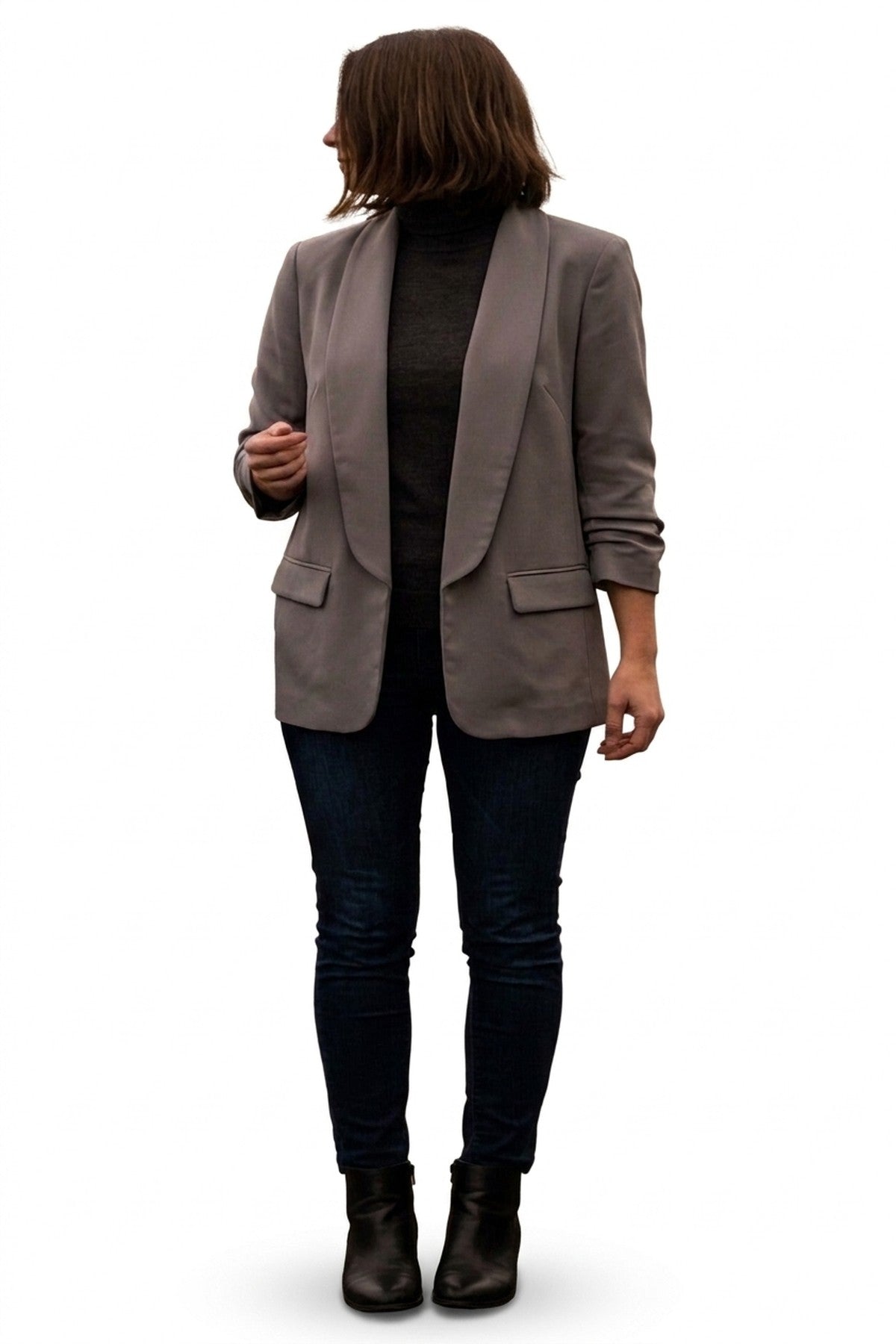 Valerie Ruched Sleeve Open Front Blazer Jacket With Front Pockets - Grey_wb