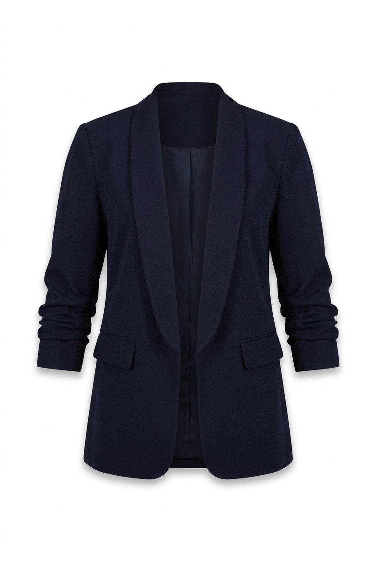 Valerie Ruched Sleeve Open Front Blazer Jacket With Front Pockets - Navy_wb