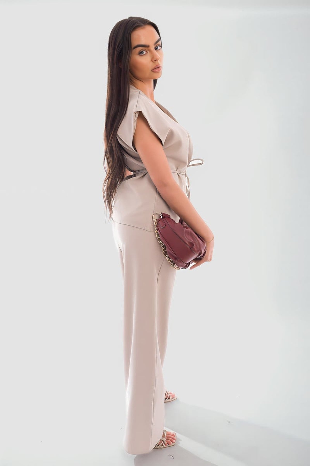 Vera Belted Sleeveless Vest Top And Trouser Co-ord Set - Beige