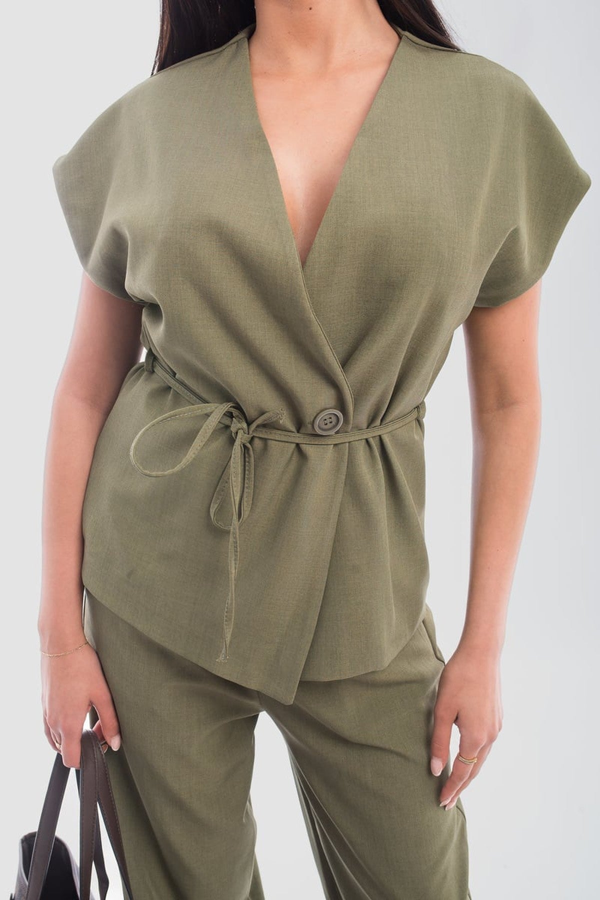Vera Belted Sleeveless Vest Top And Trouser Co-ord Set - Khaki