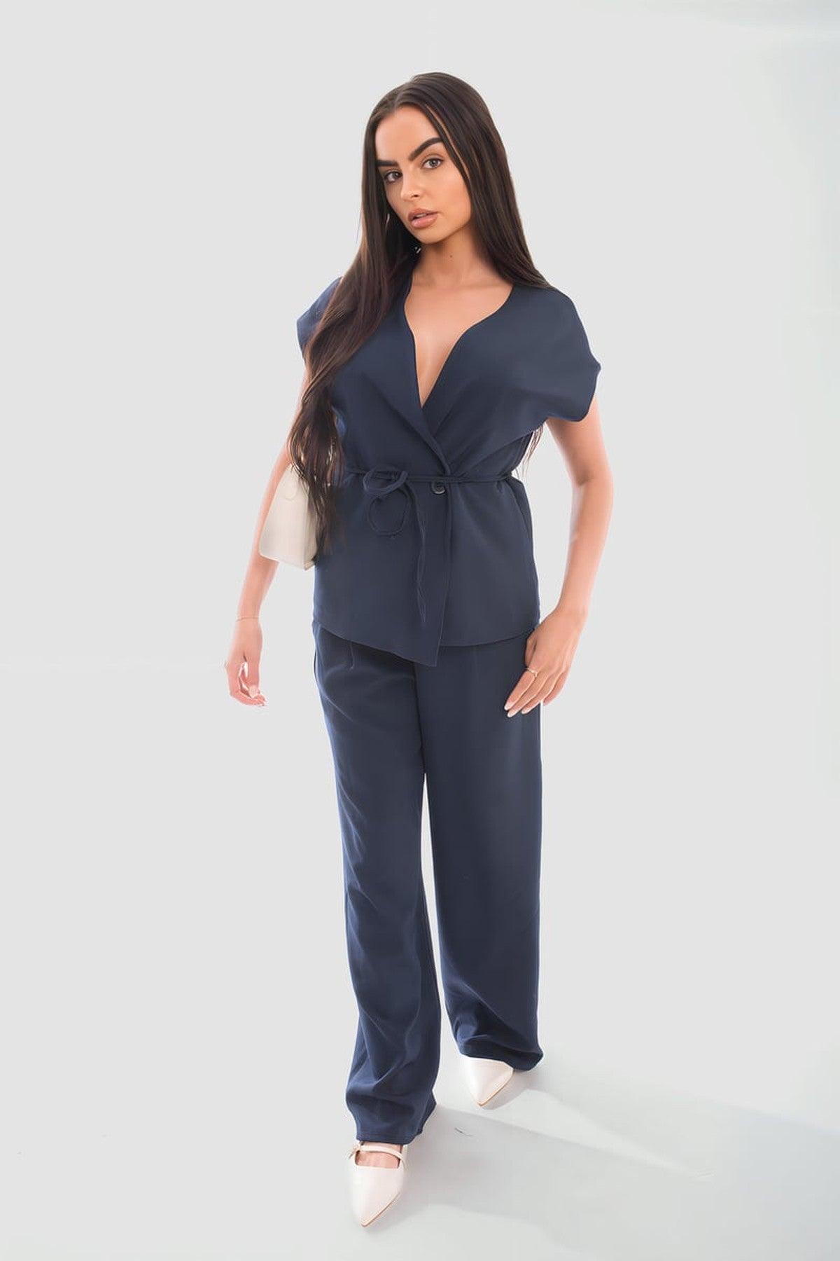 Vera Belted Sleeveless Vest Top And Trouser Co-ord Set - Navy