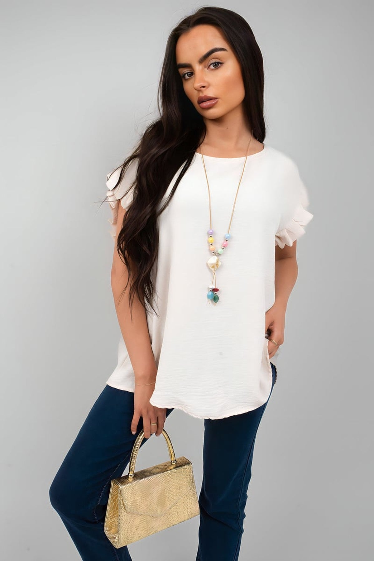 Vera Ruffle Trim Sleeve Top - Beige