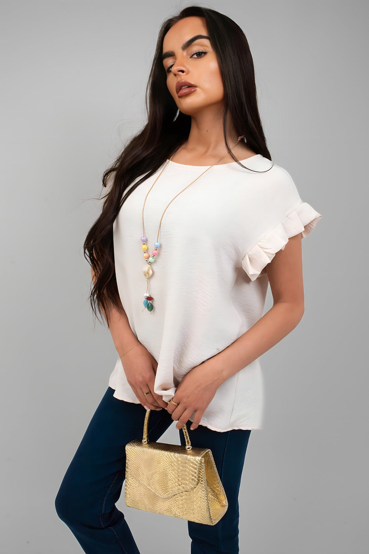 Vera Ruffle Trim Sleeve Top - Beige