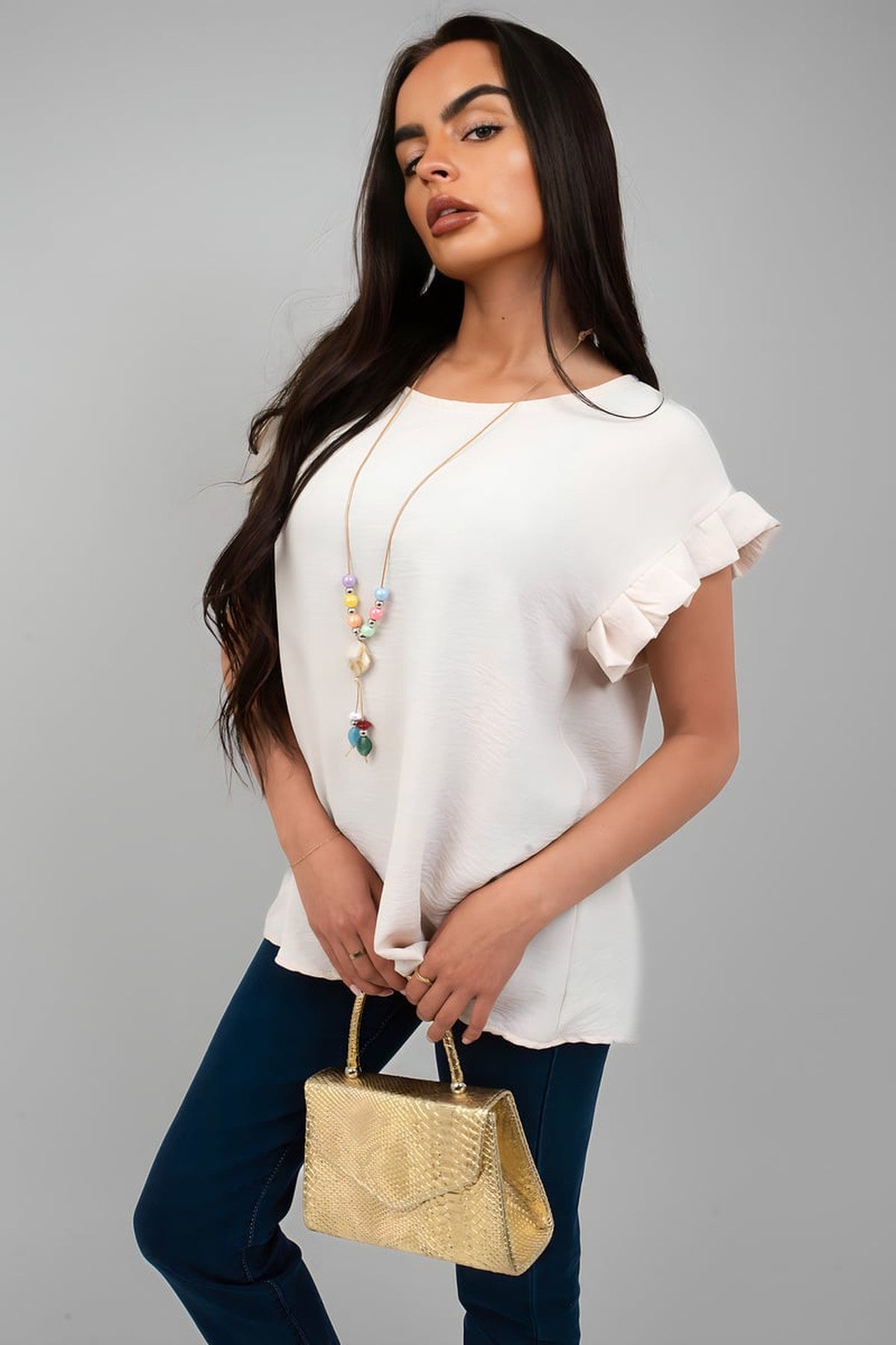 Vera Ruffle Trim Sleeve Top - Beige