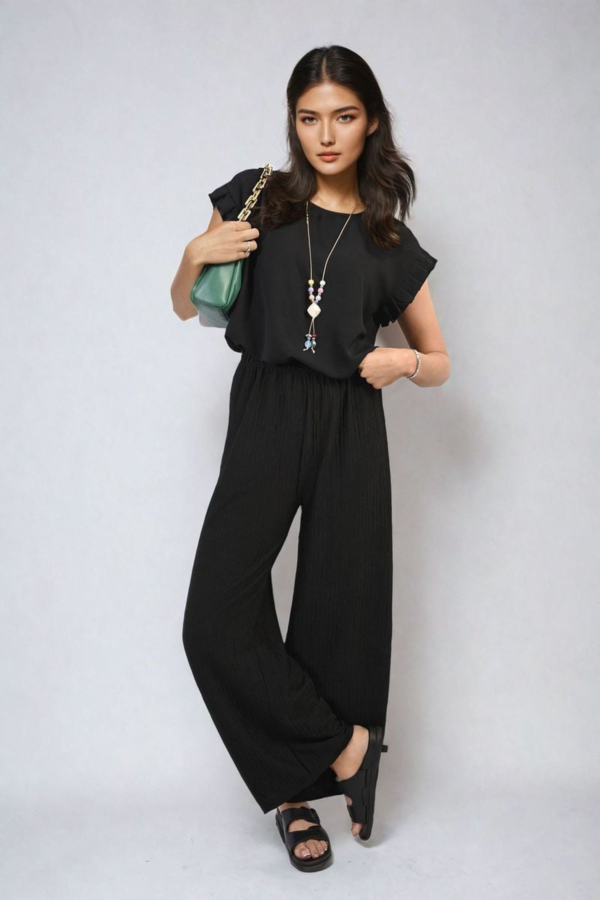 Vera Ruffle Trim Sleeve Top - Black