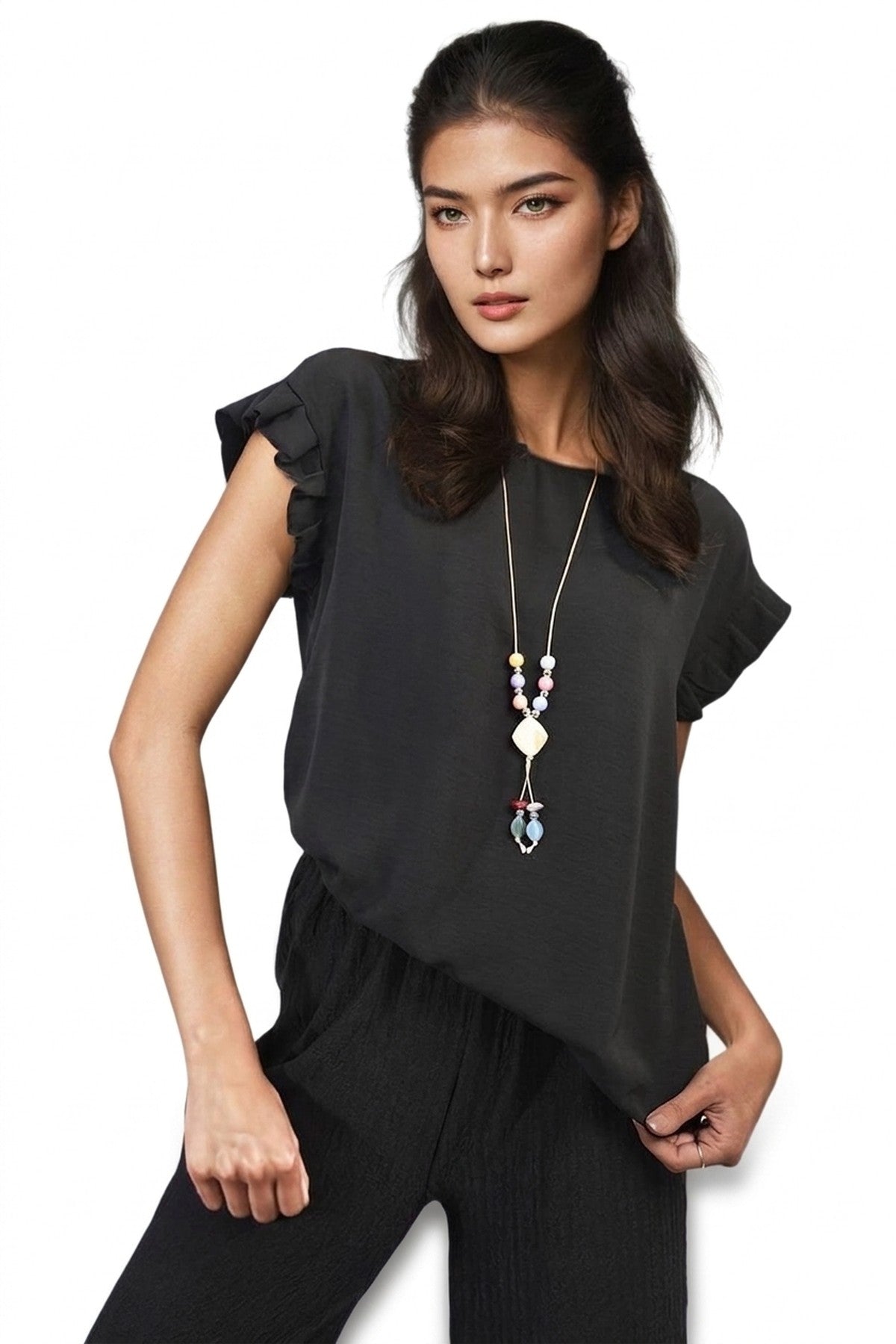 Vera Ruffle Trim Sleeve Top - Black_wb