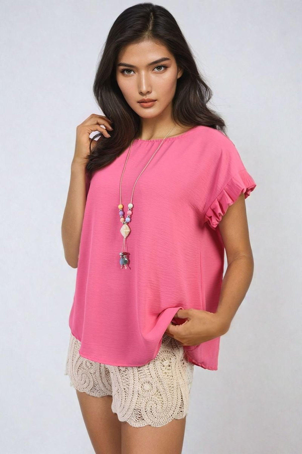 Vera Ruffle Trim Sleeve Top - Fuschia