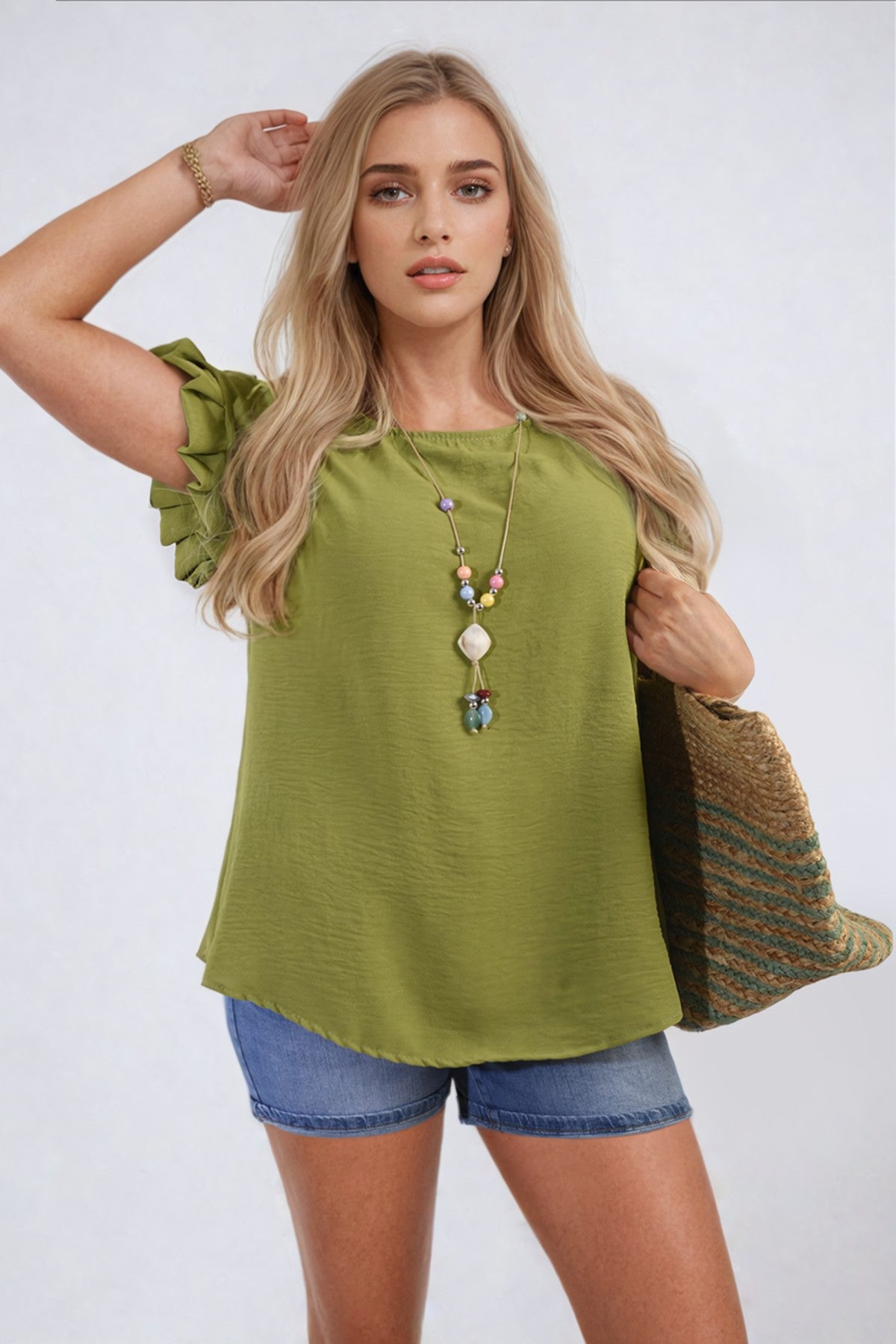 Vera Ruffle Trim Sleeve Top - Green