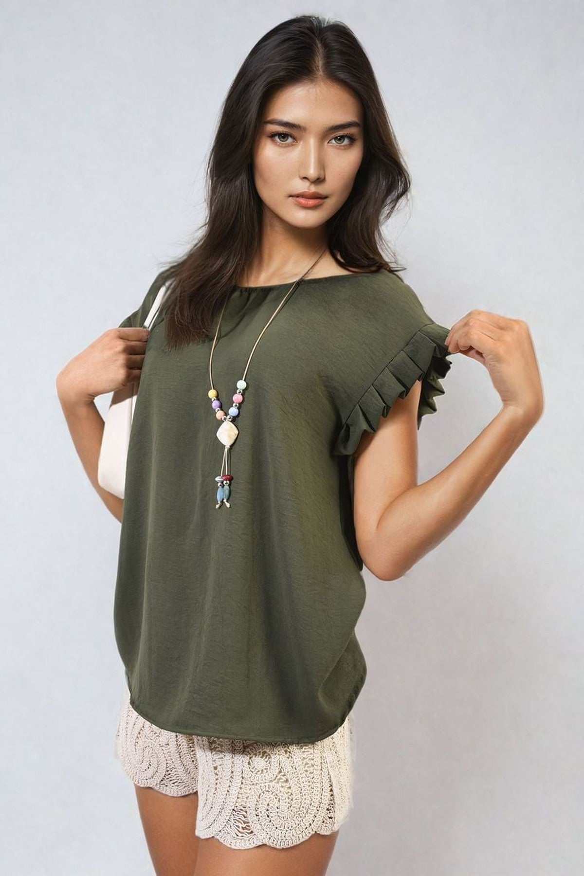 Vera Ruffle Trim Sleeve Top - Khaki