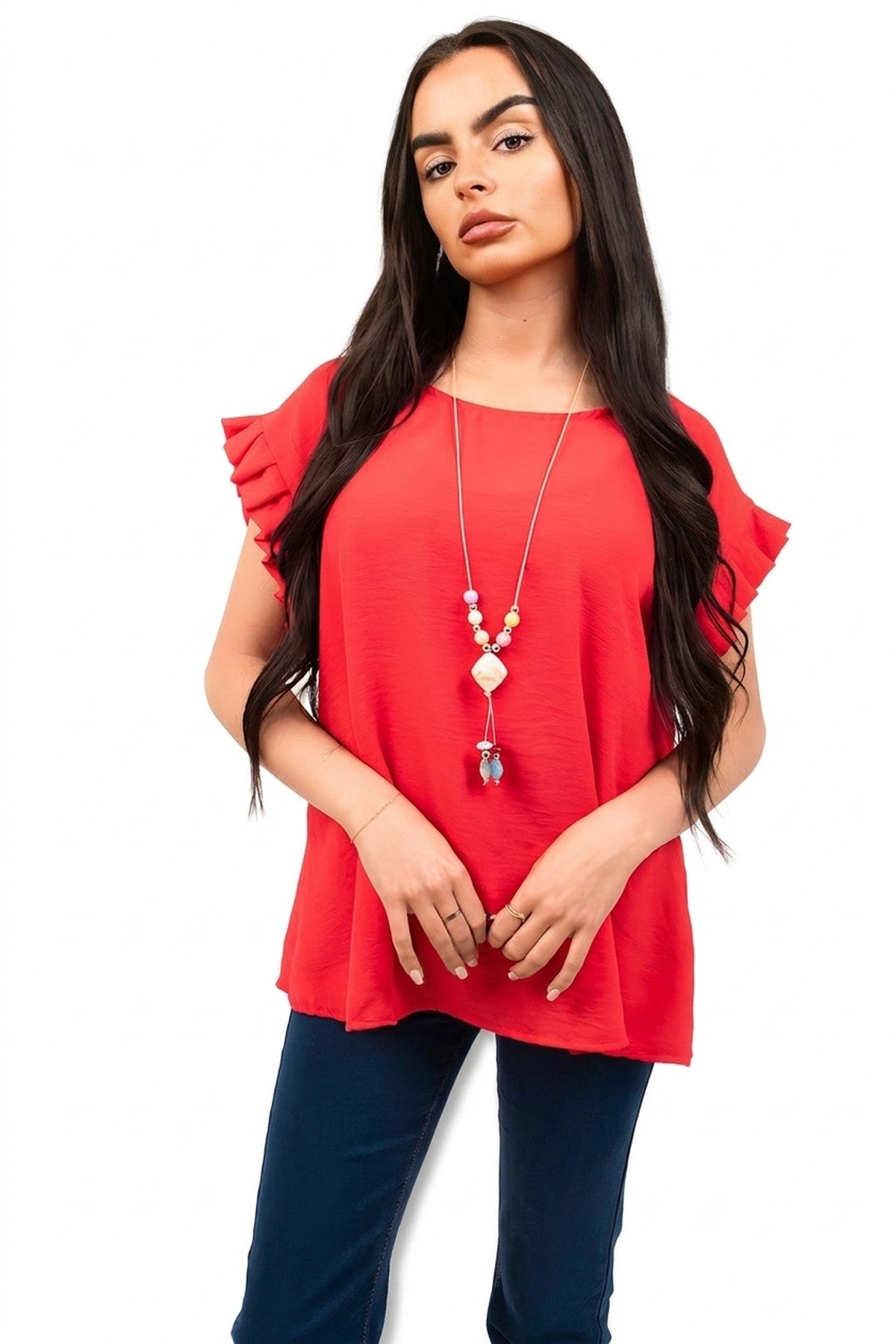 Vera Ruffle Trim Sleeve Top - Red_wb