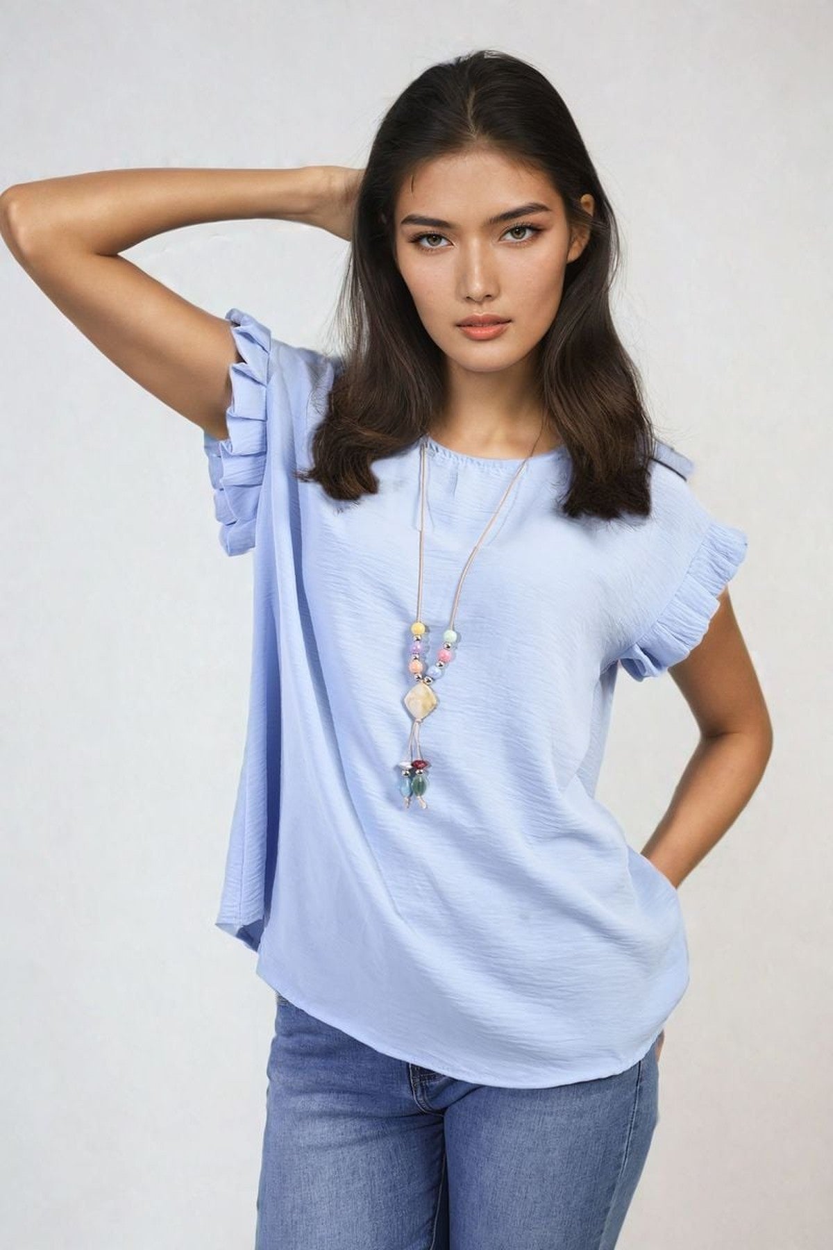 Vera Ruffle Trim Sleeve Top - Sky Blue