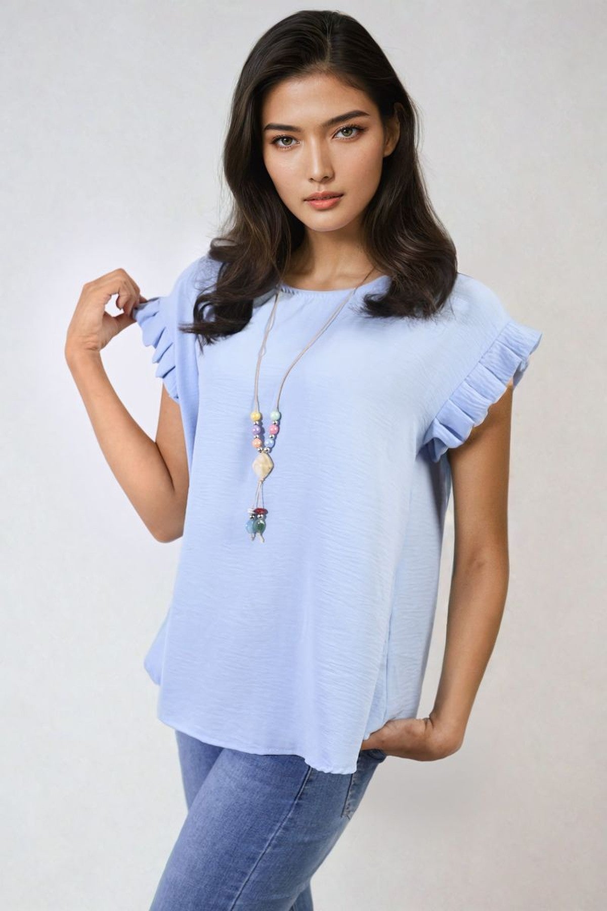 Vera Ruffle Trim Sleeve Top - Sky Blue