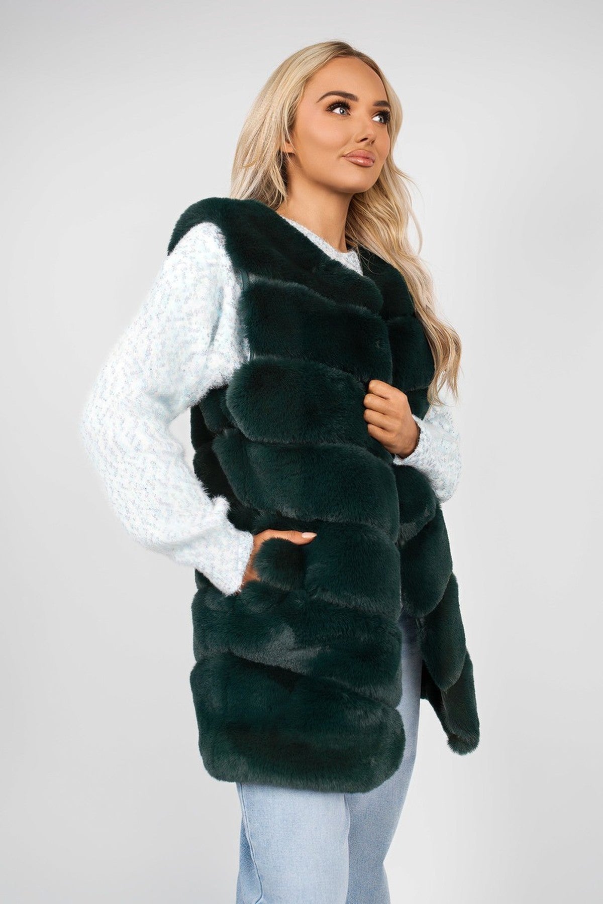 Verina Sleeveless Faux Fur Longline Gilet - Dark Green
