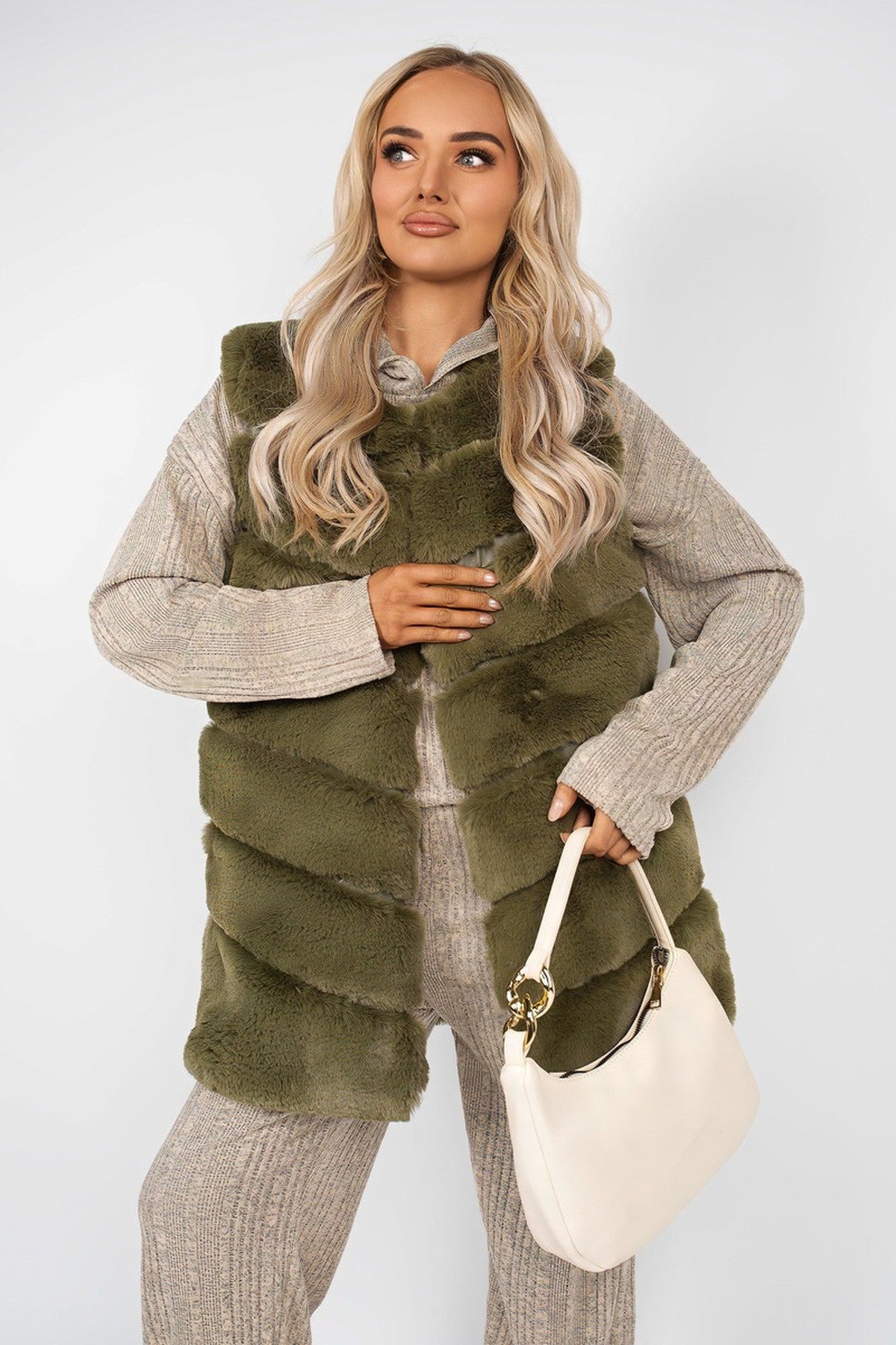 Verina Sleeveless Faux Fur Longline Gilet - Khaki